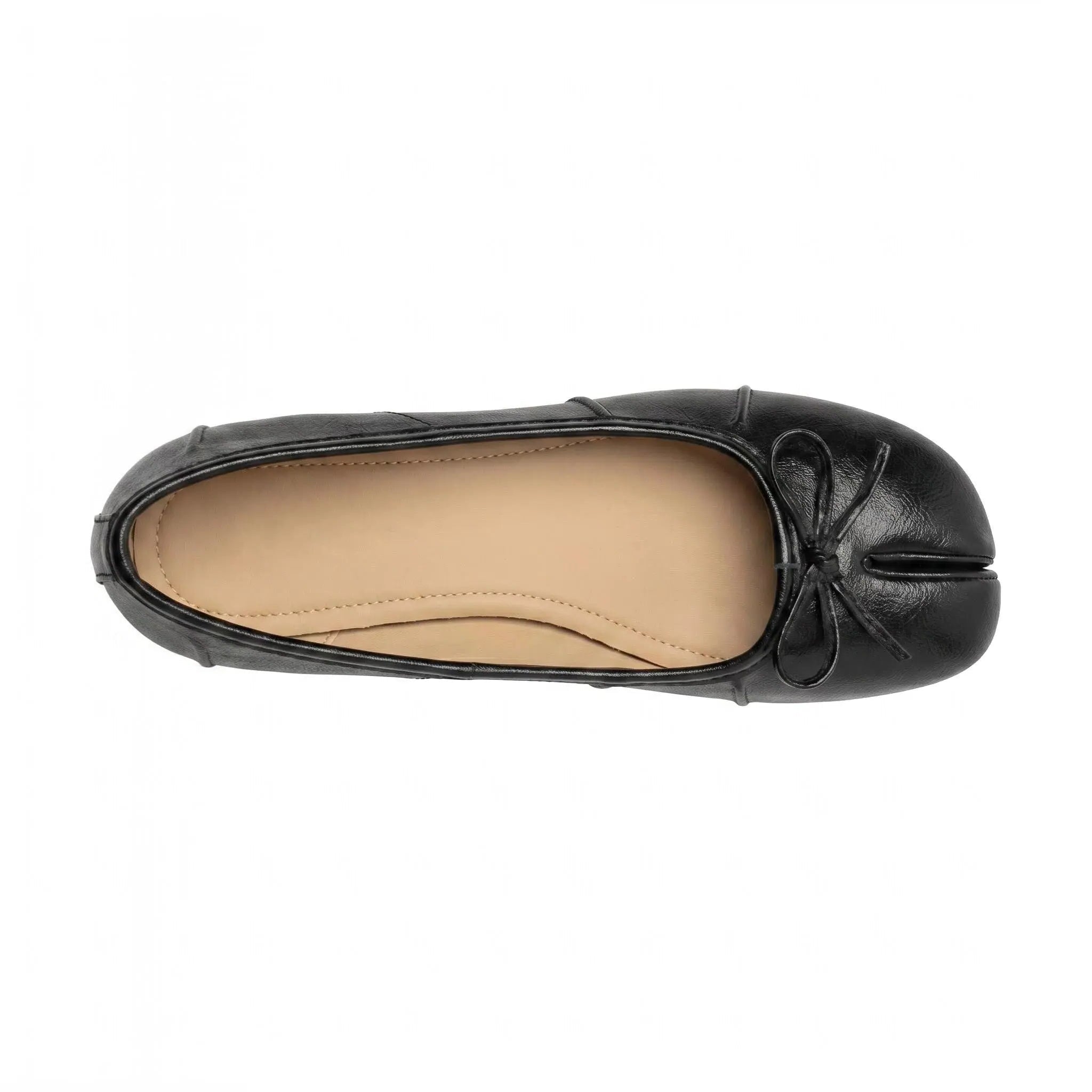 ZQW Bow Tabi Heel in black, top view – round toe, bow accent, tabi split-toe design, cushioned insole, easy slip-on style