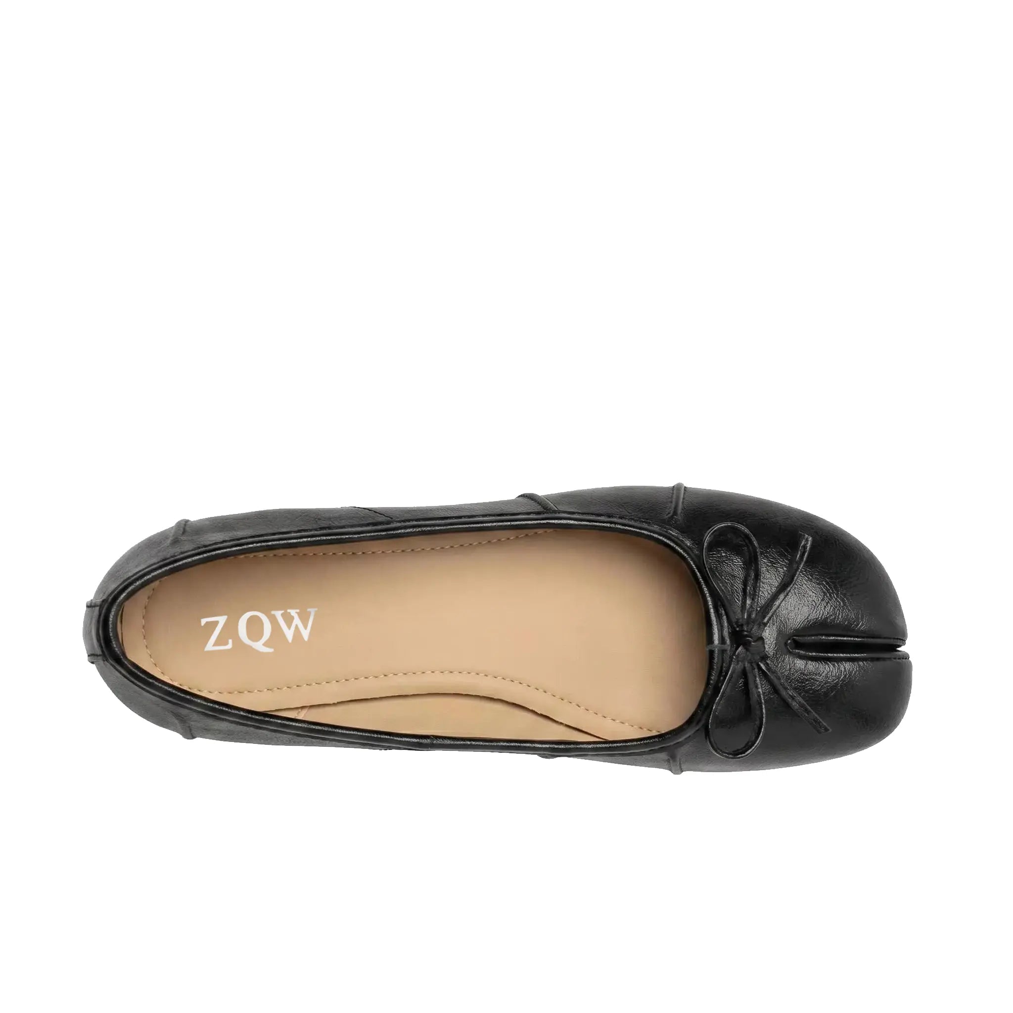 ZQW Bow Tabi Heel in black, top view – round toe, bow accent, tabi split-toe design, cushioned insole, easy slip-on style