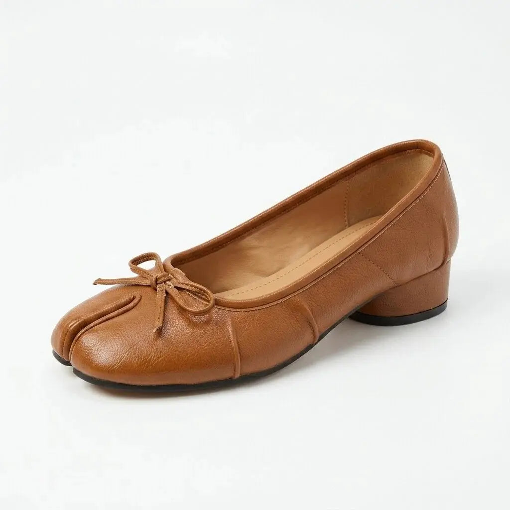 ZQW Bow Tabi Heel in bronze, 45-degree angle view – split toe with cute bow detail, low block heel, vegan leather slip-on heel