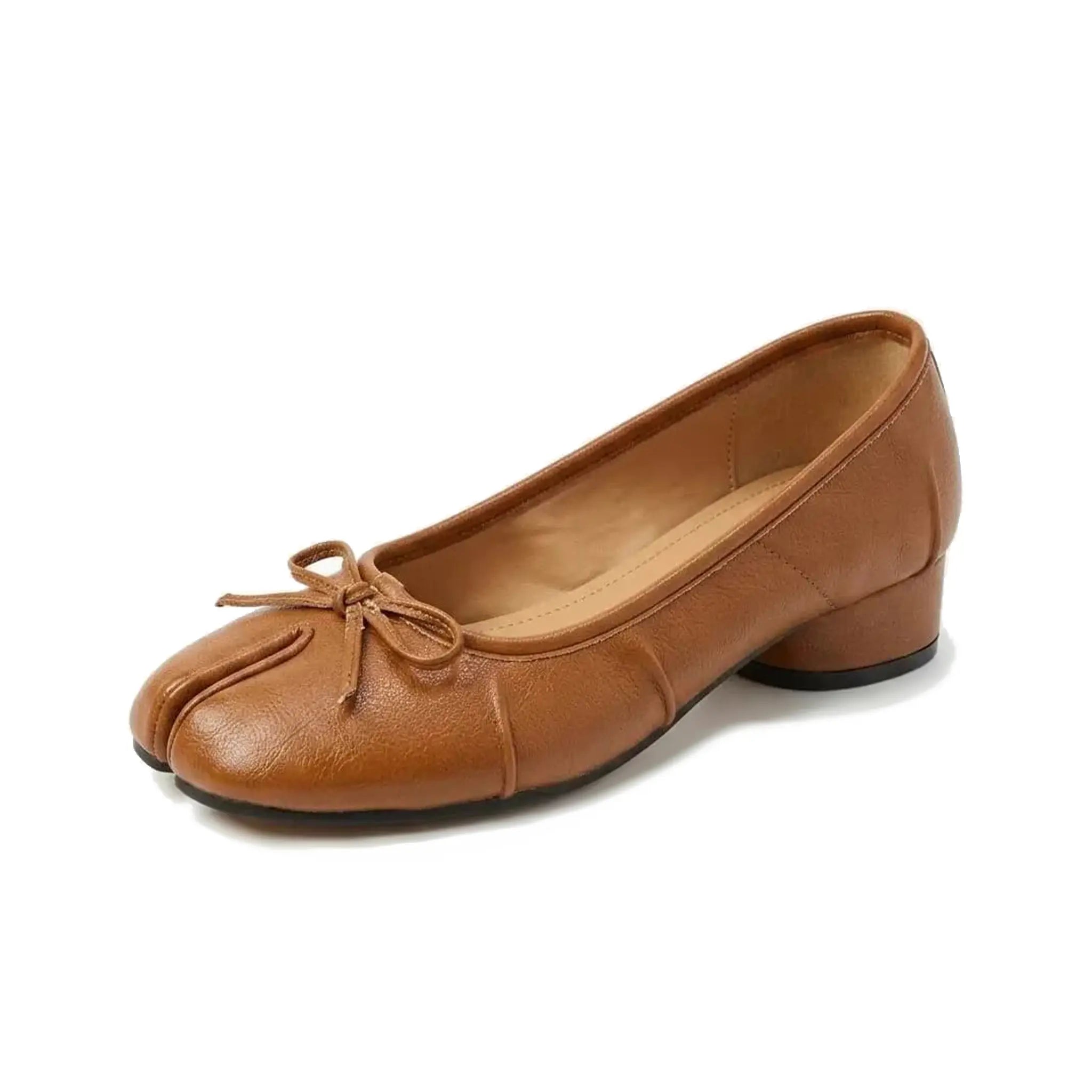 ZQW Bow Tabi Heel in bronze, 45-degree angle view – split toe with cute bow detail, low block heel, vegan leather slip-on heel