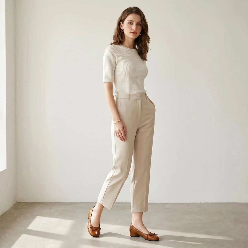 ZQW Bow Tabi Heel in bronze, model wearing – elegant yet casual heeled flats with tabi design, all-day comfort and style