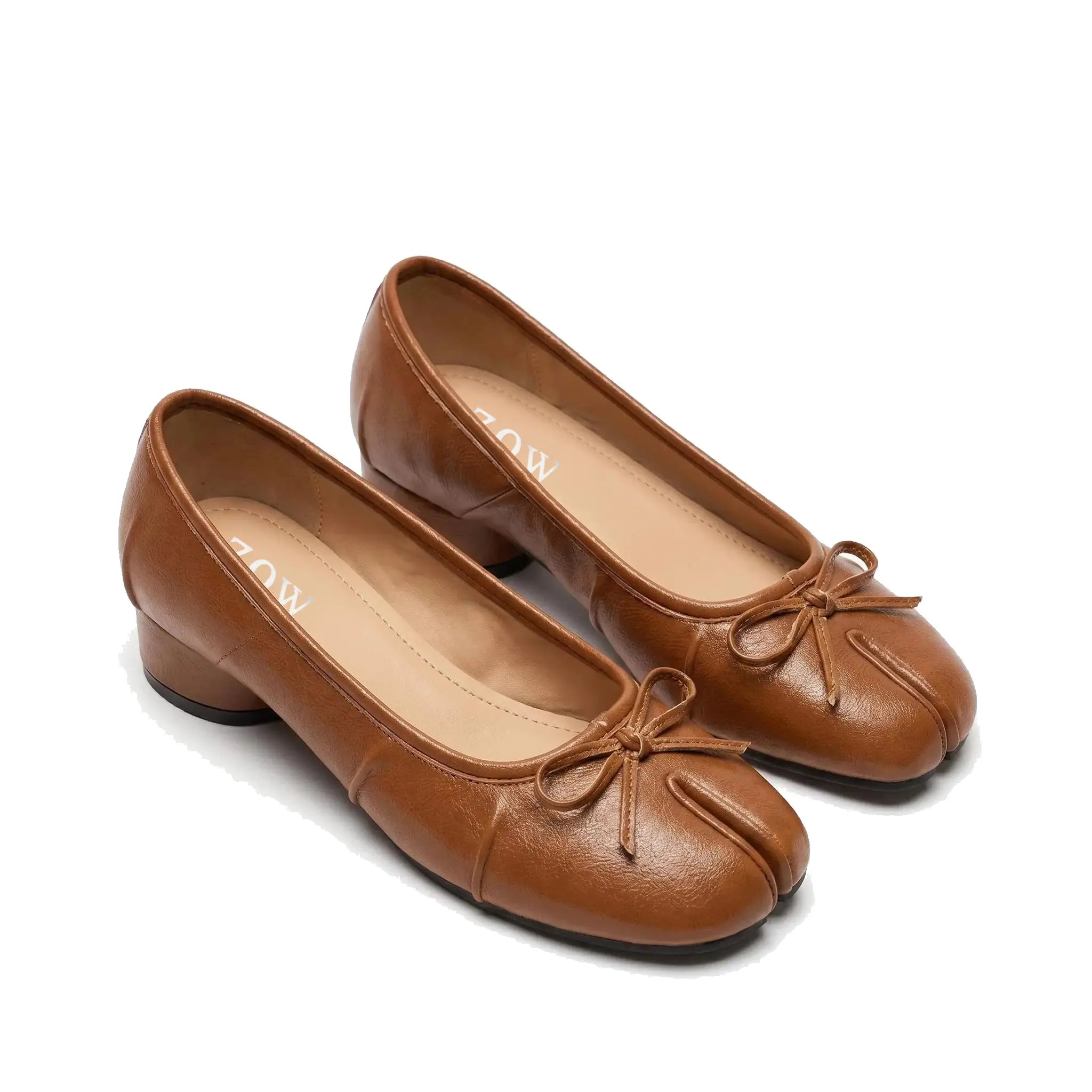 ZQW Bow Tabi Heel in bronze, pair 45-degree view – matching bow tabi heels, low block heel perfect for work or date night