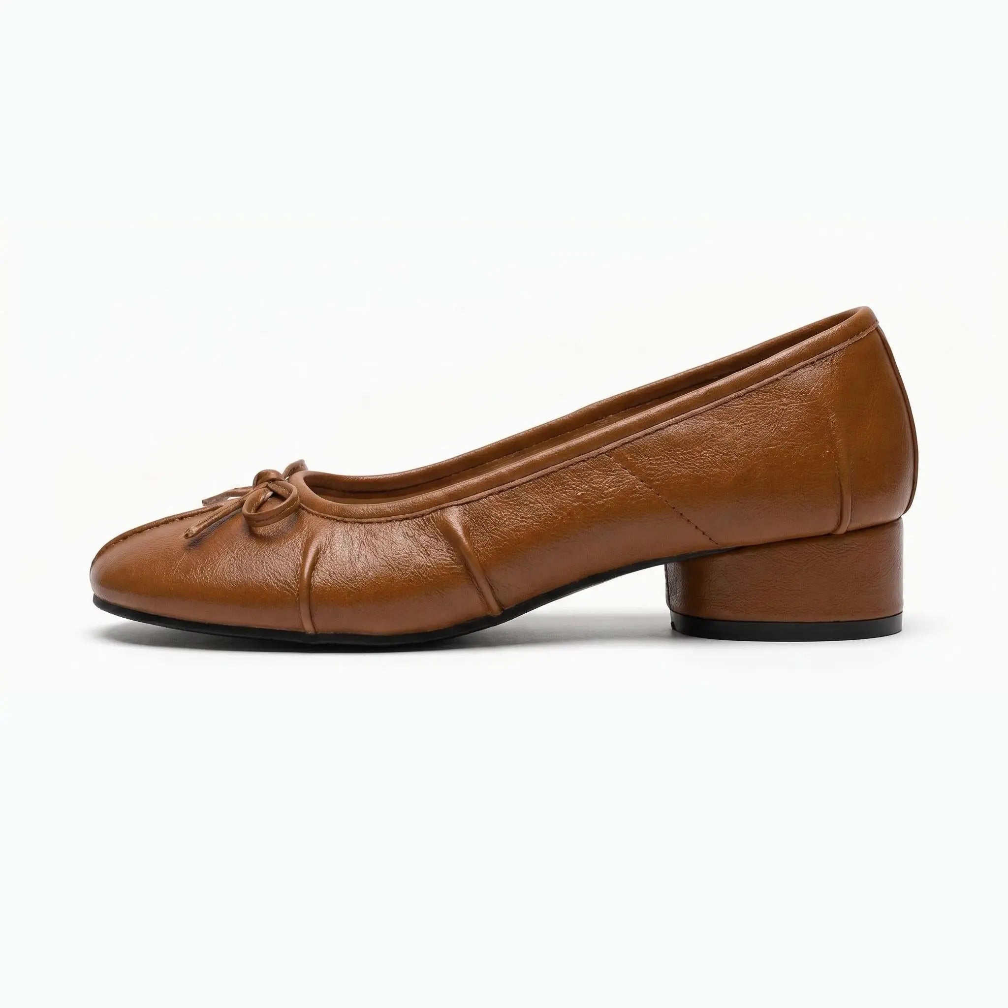 ZQW Bow Tabi Heel in bronze, side view – 3.2cm block heel, sleek silhouette, soft vegan leather upper, anti-slip rubber outsole