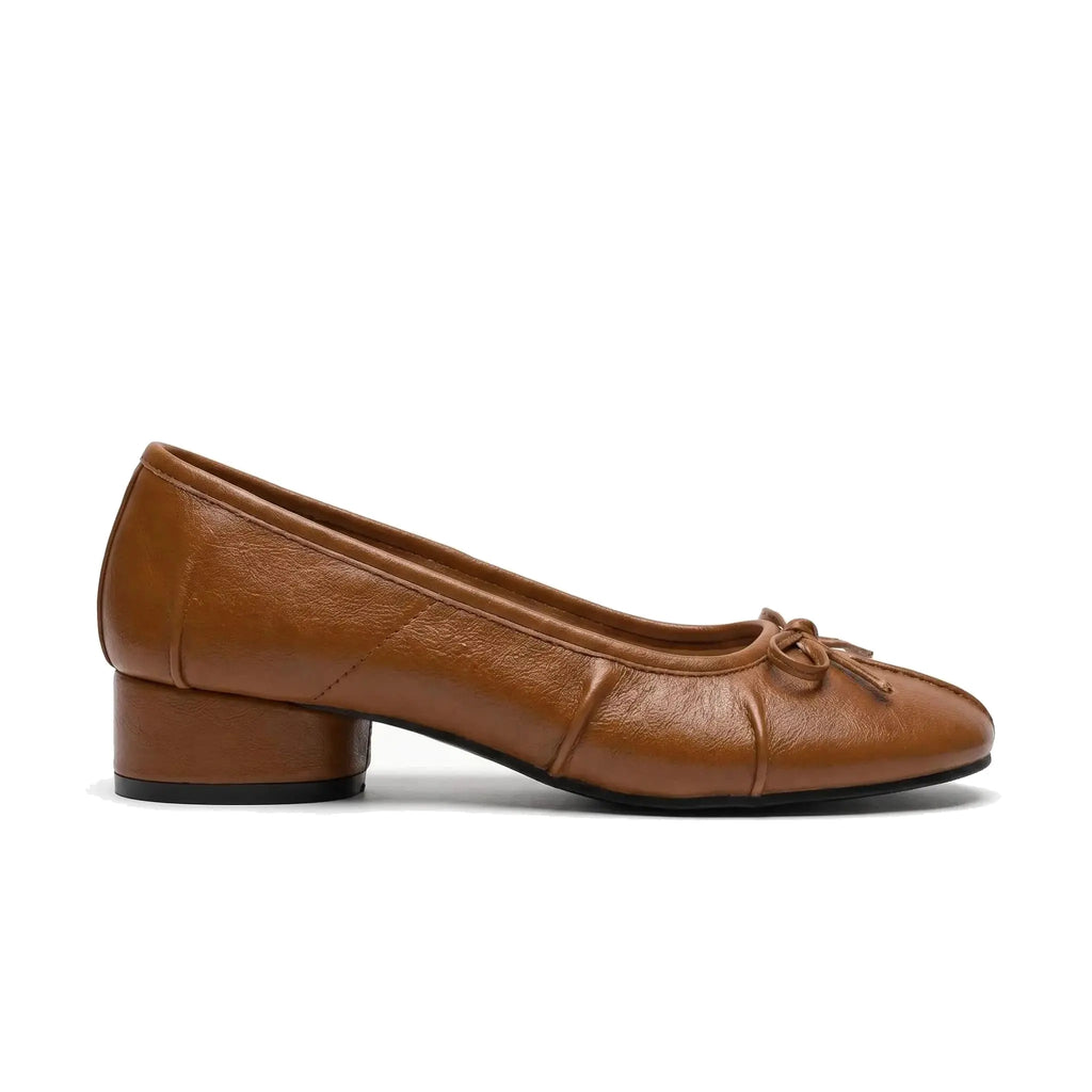 ZQW Bow Tabi Heel in bronze, side view – 3.2cm block heel, sleek silhouette, soft vegan leather upper, anti-slip rubber outsole