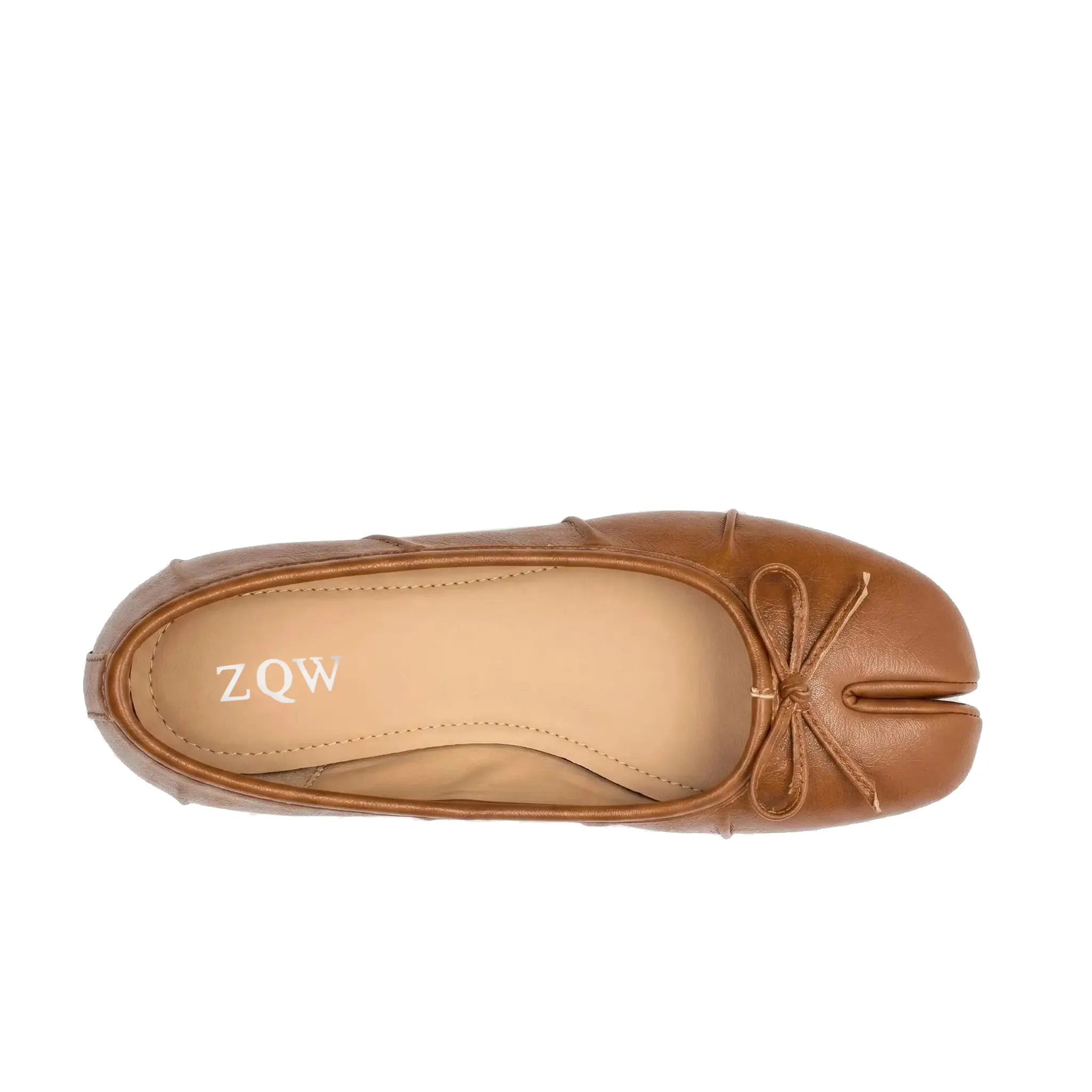 ZQW Bow Tabi Heel in bronze, top view – round toe, bow accent, tabi split-toe design, cushioned insole, easy slip-on style
