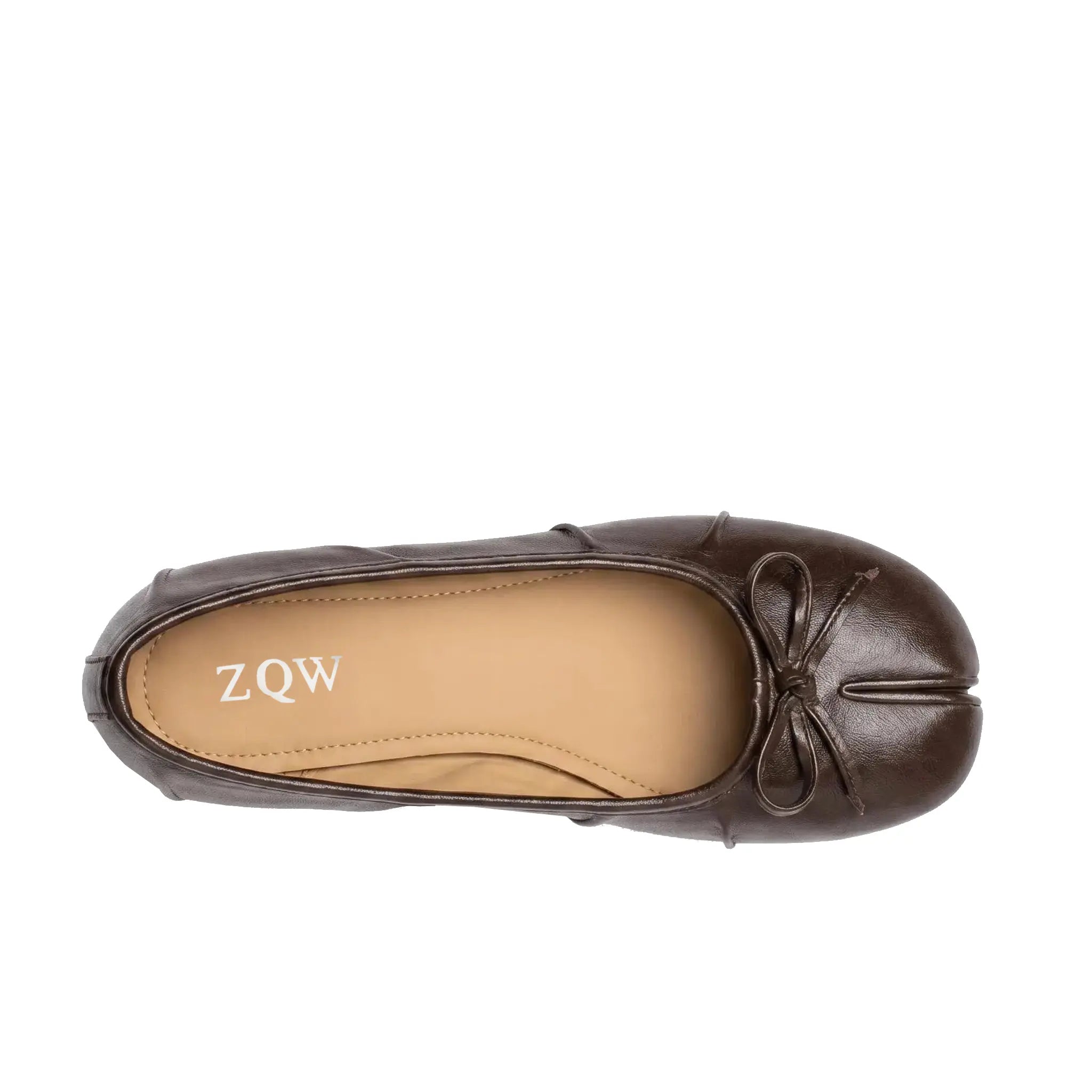 ZQW Bow Tabi Heel in brown, top view – round toe, bow accent, tabi split-toe design, cushioned insole, easy slip-on style