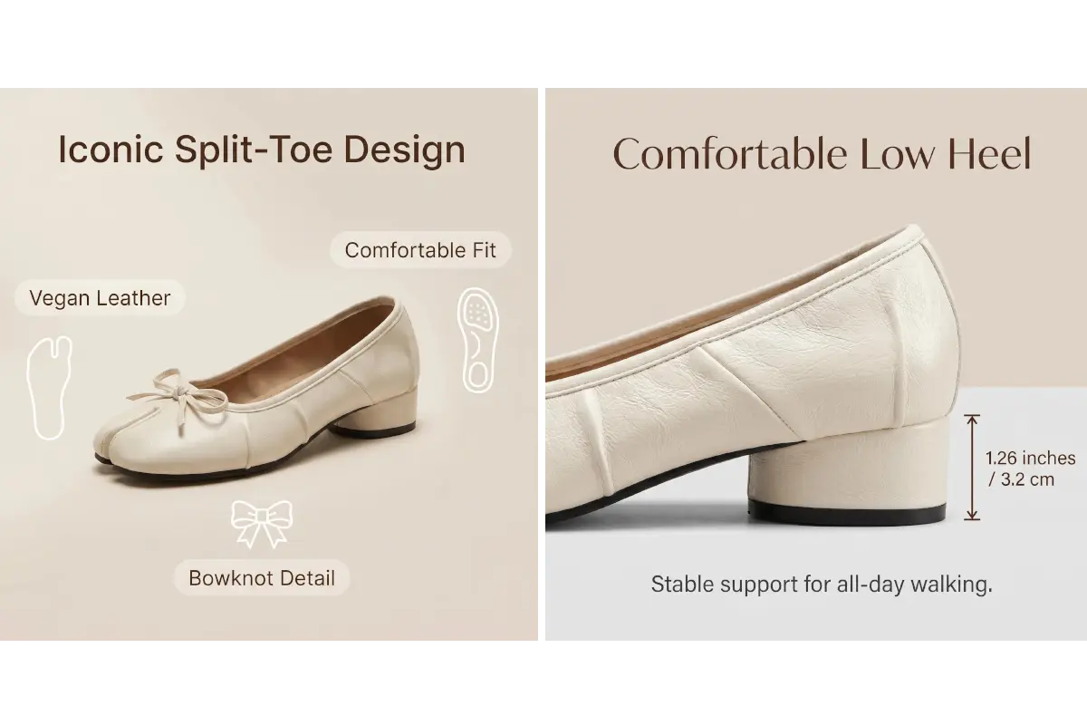 Beige shoe with split-toe design and comfortable low heel on a beige background