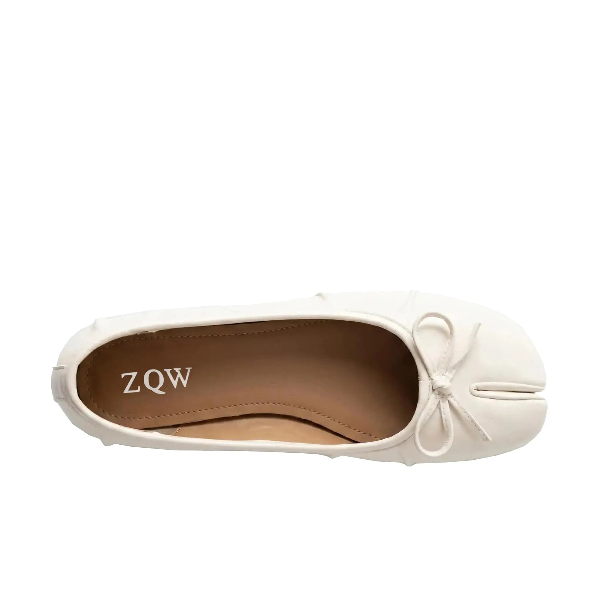 ZQW Bow Tabi Heel in white, top view – round toe, bow accent, tabi split-toe design, cushioned insole, easy slip-on style
