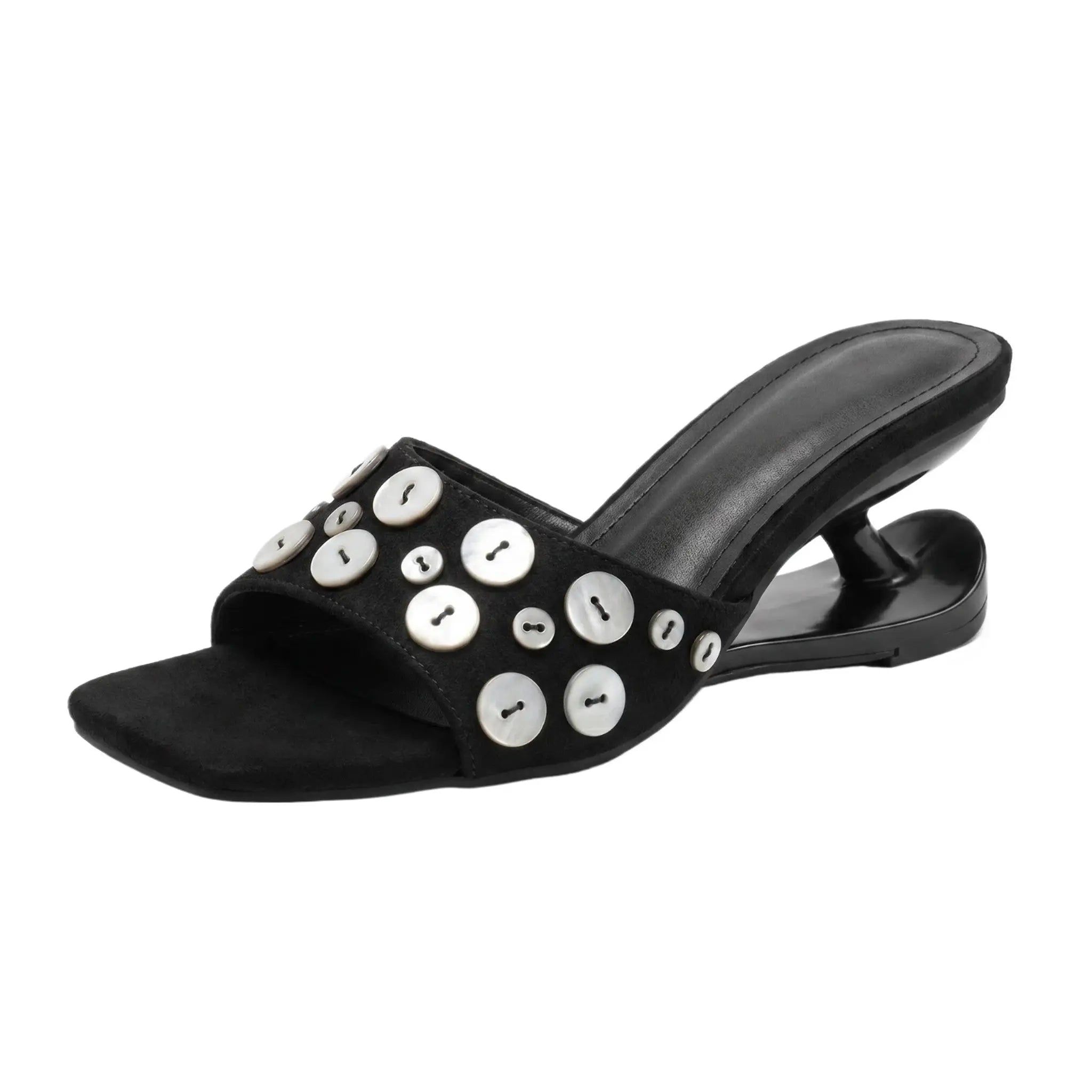 ZQW Button Chunky Mules in black, 45-degree angle view – sculptural curved heel, open square toe, statement button detail, backless slip-on vegan leather mule