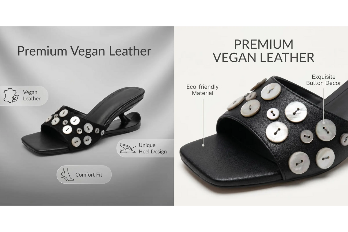 Black vegan leather slide sandals with button details on a gray background
