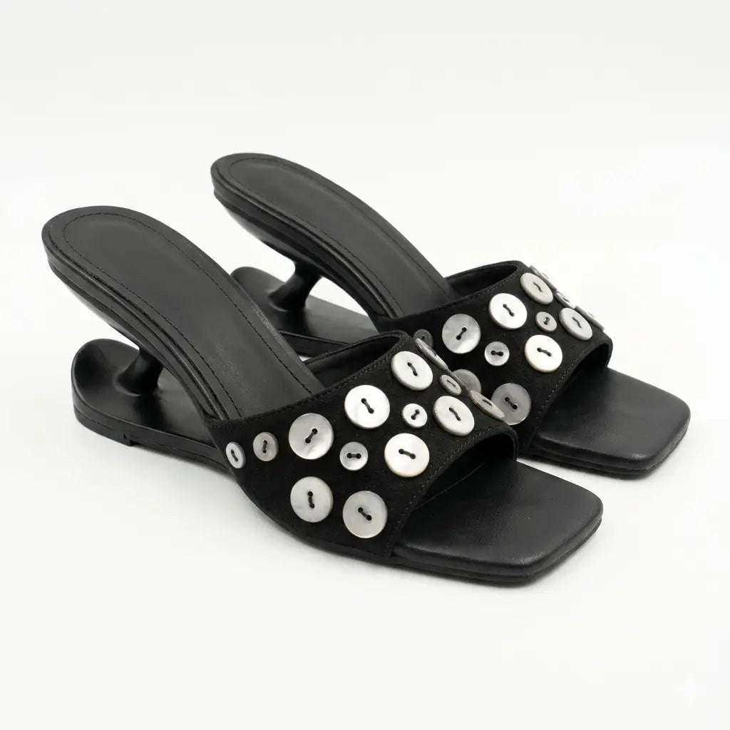 ZQW Button Chunky Mules in black, pair 45-degree view – matching sculptural heel mules with button detail, perfect for weddings or casual outings