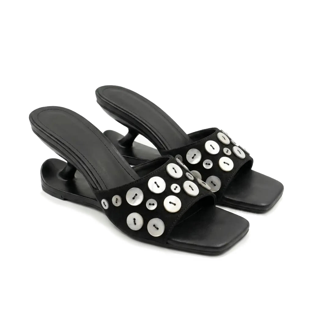 ZQW Button Chunky Mules in black, pair 45-degree view – matching sculptural heel mules with button detail, perfect for weddings or casual outings