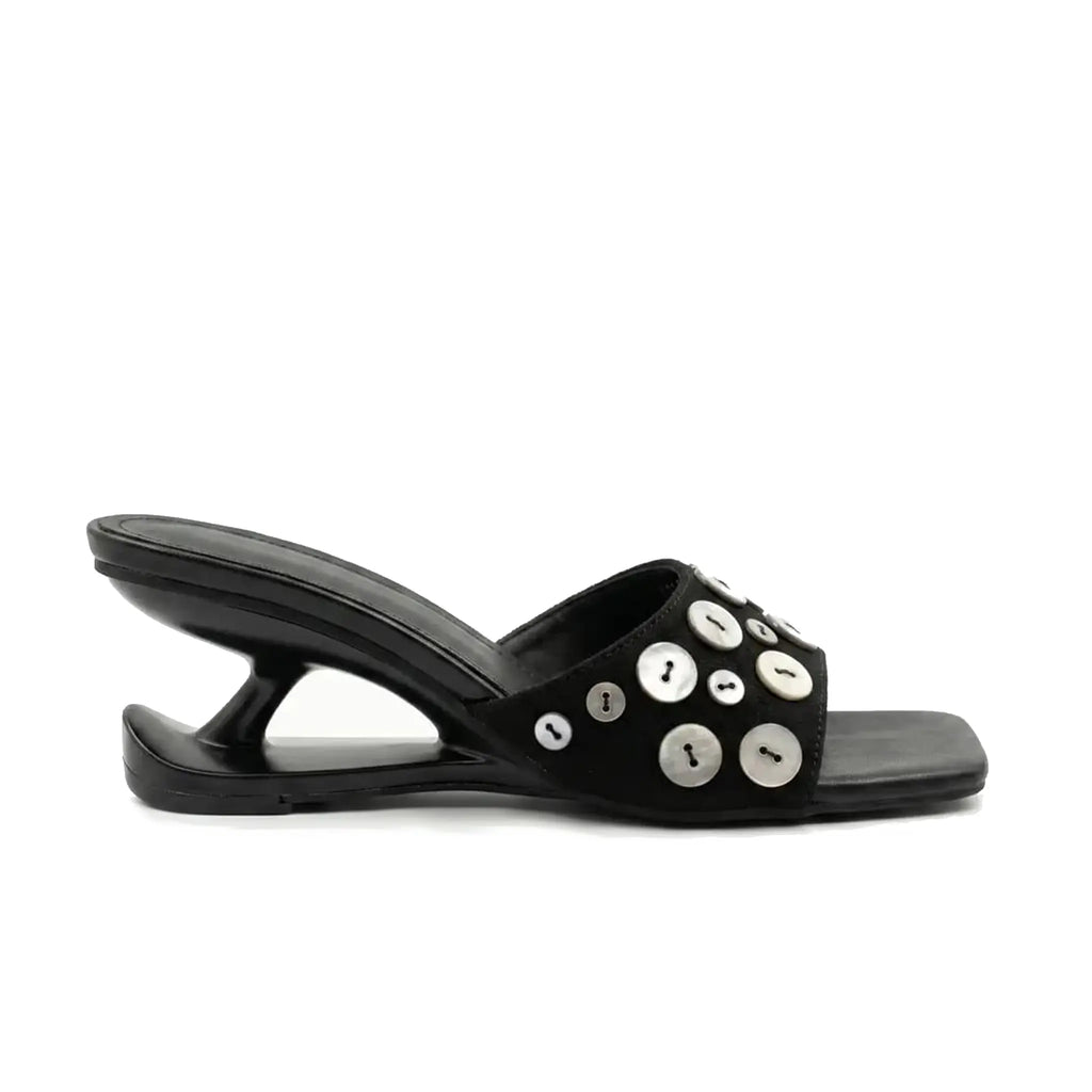 ZQW Button Chunky Mules in black, side view – sculptural chunky heel (7-8cm), anti-slip rubber outsole, backless mule silhouette, easy slip-on