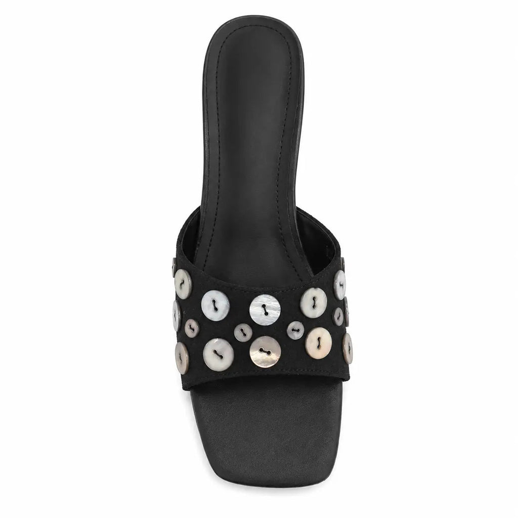 ZQW Button Chunky Mules in black, top view – row of decorative buttons across open square toe, soft vegan leather upper, cushioned insole, wide-foot friendly