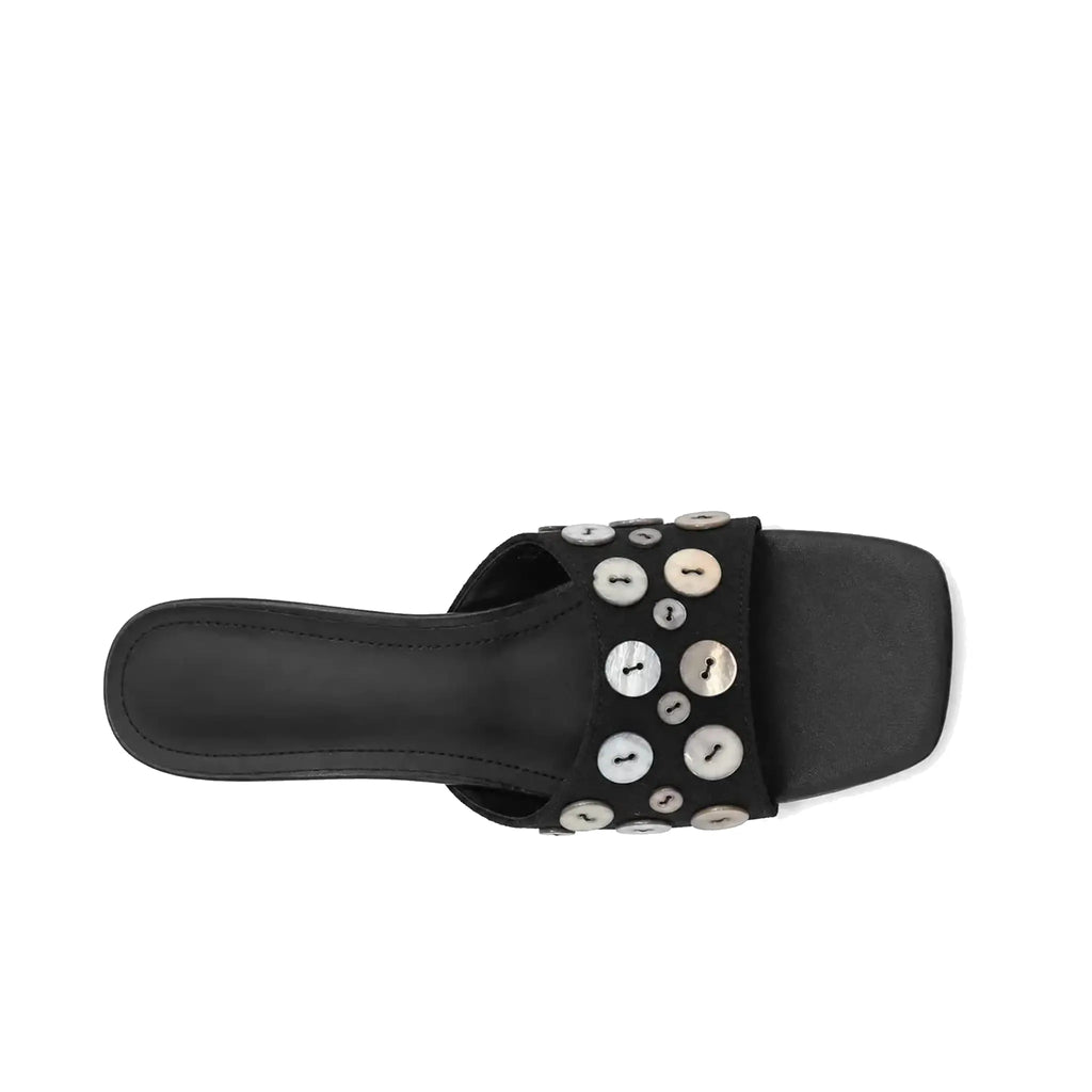 ZQW Button Chunky Mules in black, top view – row of decorative buttons across open square toe, soft vegan leather upper, cushioned insole, wide-foot friendly