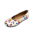 ZQW Colorful Polka Tabi Flats, 45-degree angle view – vibrant multicolor polka dot pattern on vegan leather, split-toe design, slip-on style, cushioned insole
