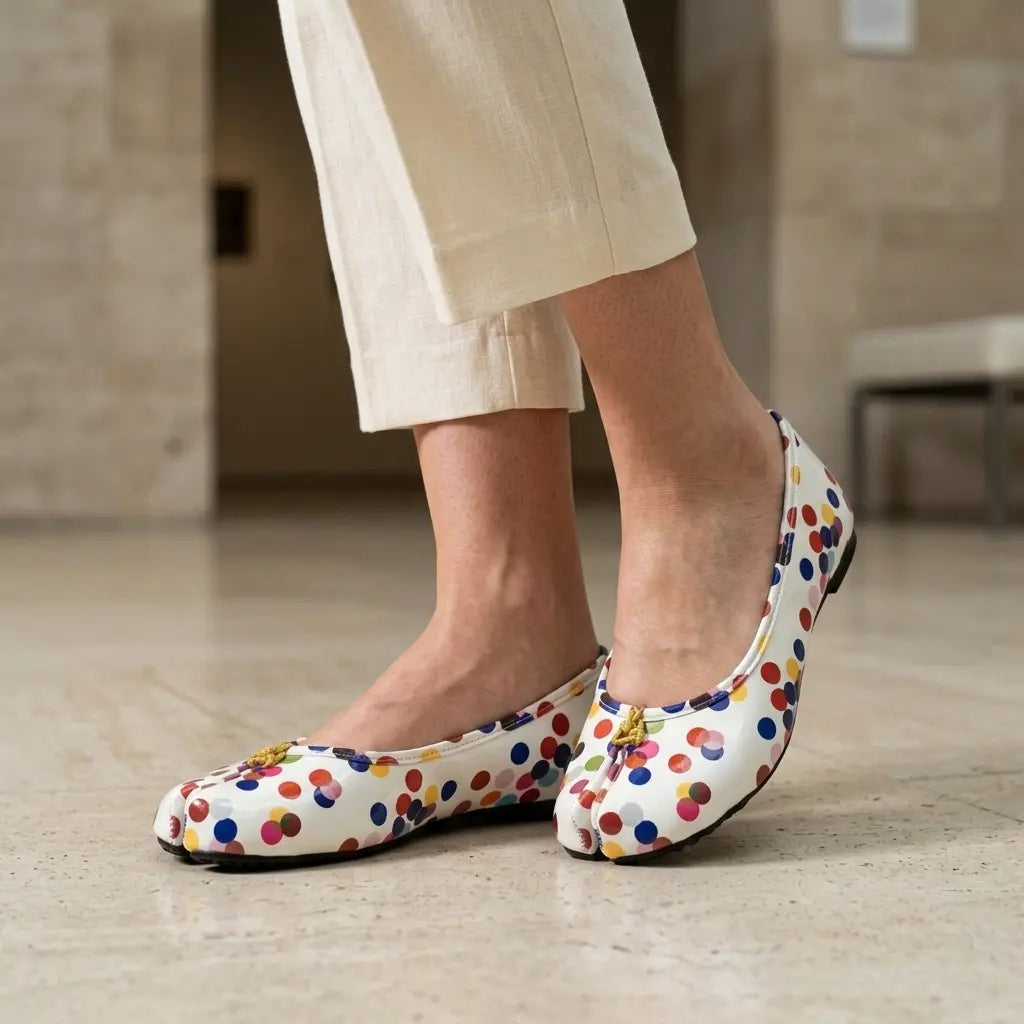 ZQW Colorful Polka Tabi Flats, worn on feet close-up – split-toe allows natural movement, colorful polka dot detail, cushioned insole for all-day comfort