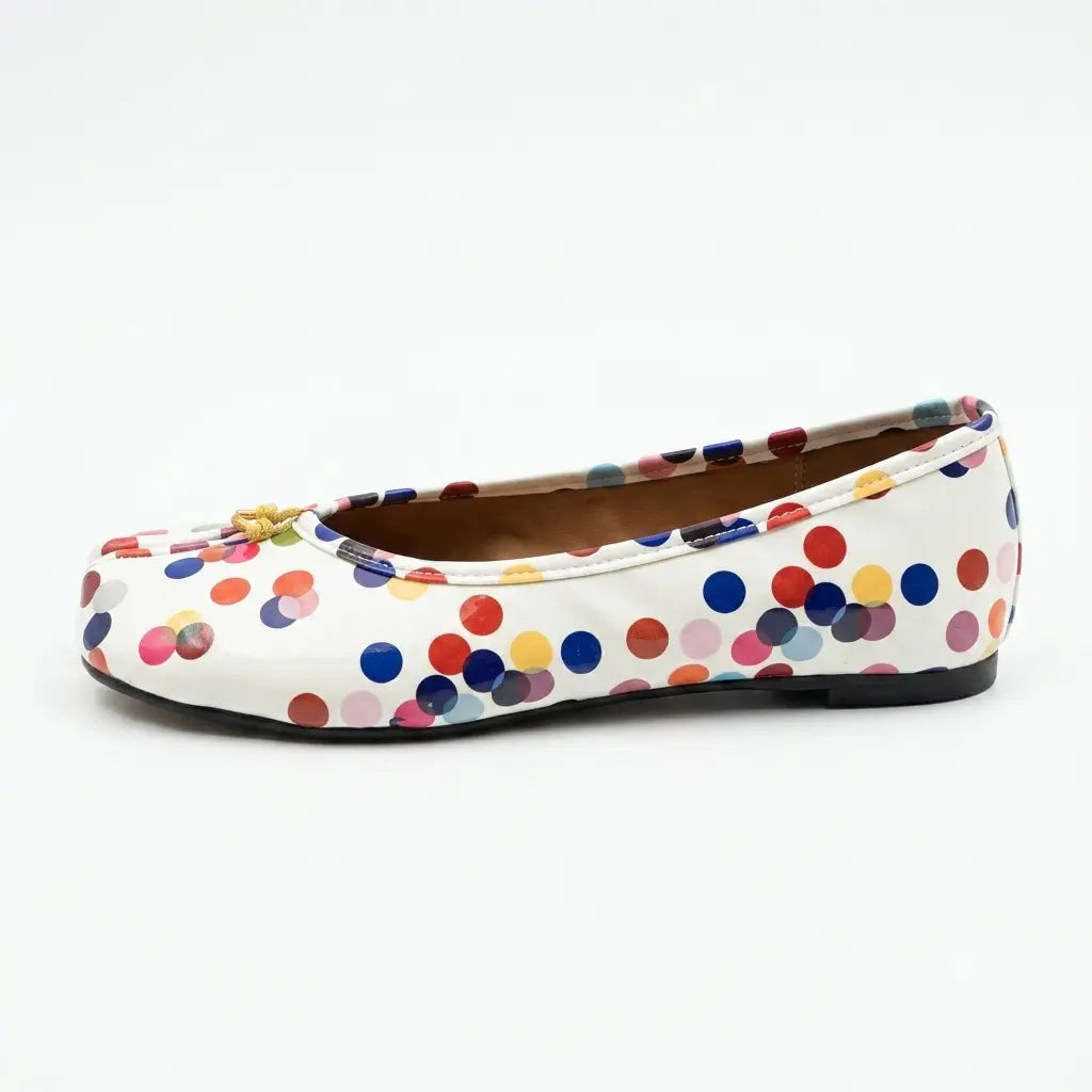 ZQW Colorful Polka Tabi Flats, side view – low 0.7cm heel, anti-slip rubber outsole, colorful dotted vegan leather upper, slip-on ballerina