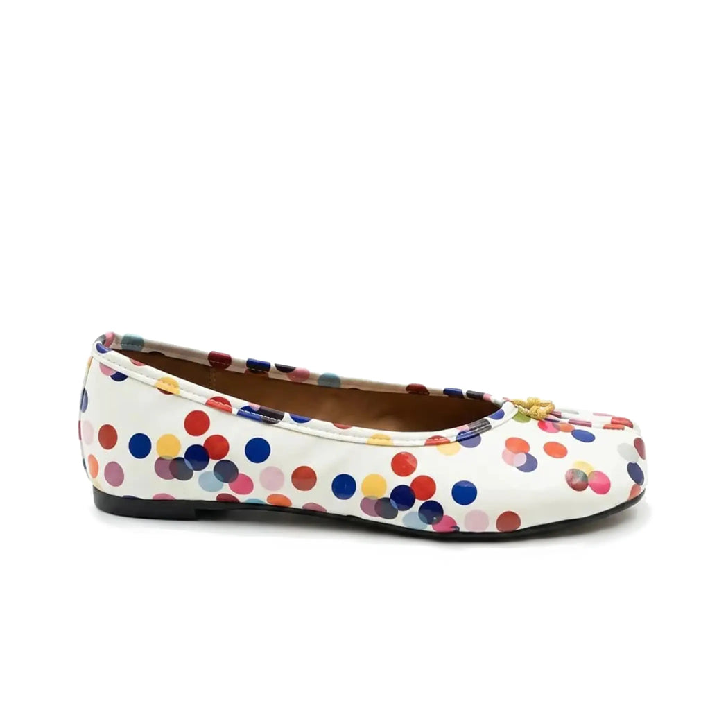 ZQW Colorful Polka Tabi Flats, side view – low 0.7cm heel, anti-slip rubber outsole, colorful dotted vegan leather upper, slip-on ballerina