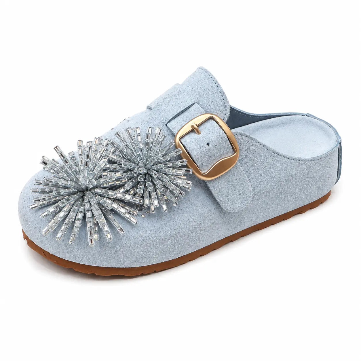 ZQW Crystal Flower Clogs in blue, 45-degree angle view – crystal flower detail on soft vegan suede, chunky platform mule, slip-on style