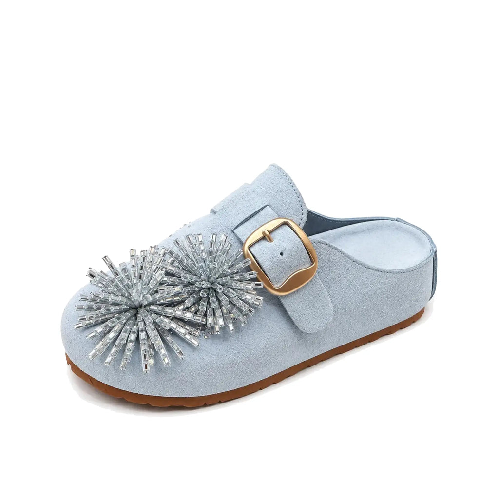 ZQW Crystal Flower Clogs in blue, 45-degree angle view – crystal flower detail on soft vegan suede, chunky platform mule, slip-on style