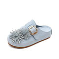 ZQW Crystal Flower Clogs in blue, 45-degree angle view – crystal flower detail on soft vegan suede, chunky platform mule, slip-on style