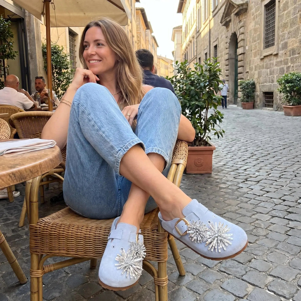 ZQW Crystal Flower Clogs in blue, model wearing – stylish blue vegan suede clogs with crystal flower, chunky platform mules, comfortable for all-day wear