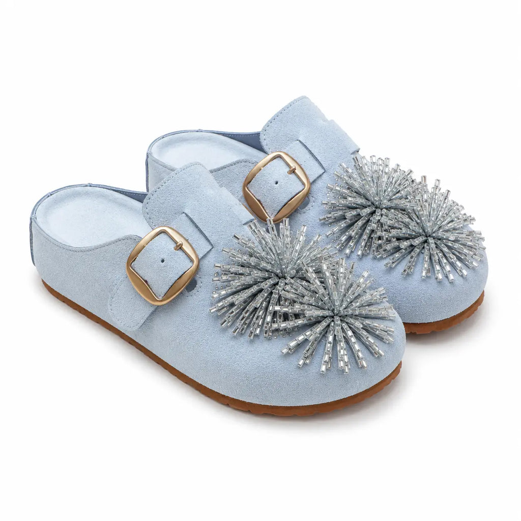 ZQW Crystal Flower Clogs in blue, pair 45-degree view – matching crystal flower platform mules, soft blue vegan suede, perfect for casual daily wear