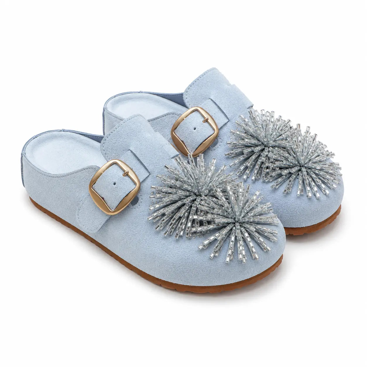 ZQW Crystal Flower Clogs in blue, pair 45-degree view – matching crystal flower platform mules, soft blue vegan suede, perfect for casual daily wear
