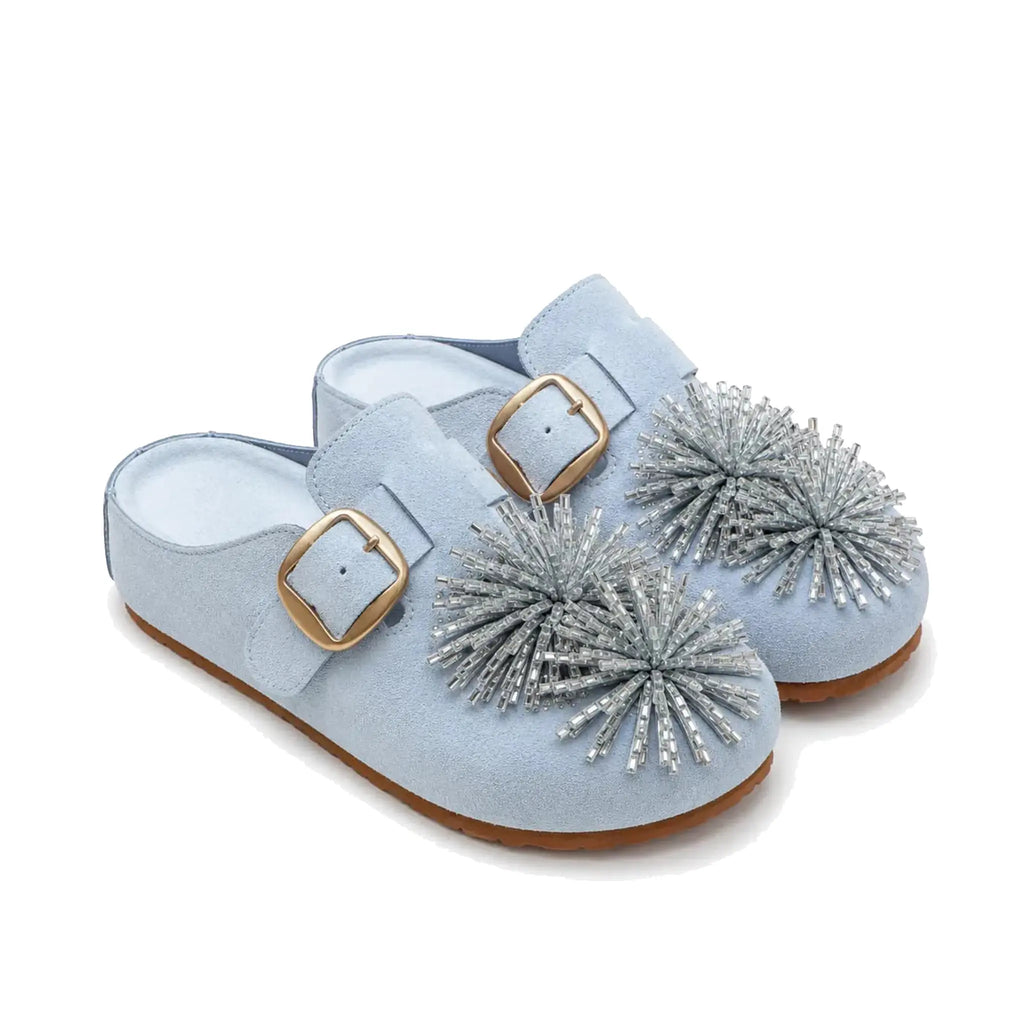 ZQW Crystal Flower Clogs in blue, pair 45-degree view – matching crystal flower platform mules, soft blue vegan suede, perfect for casual daily wear