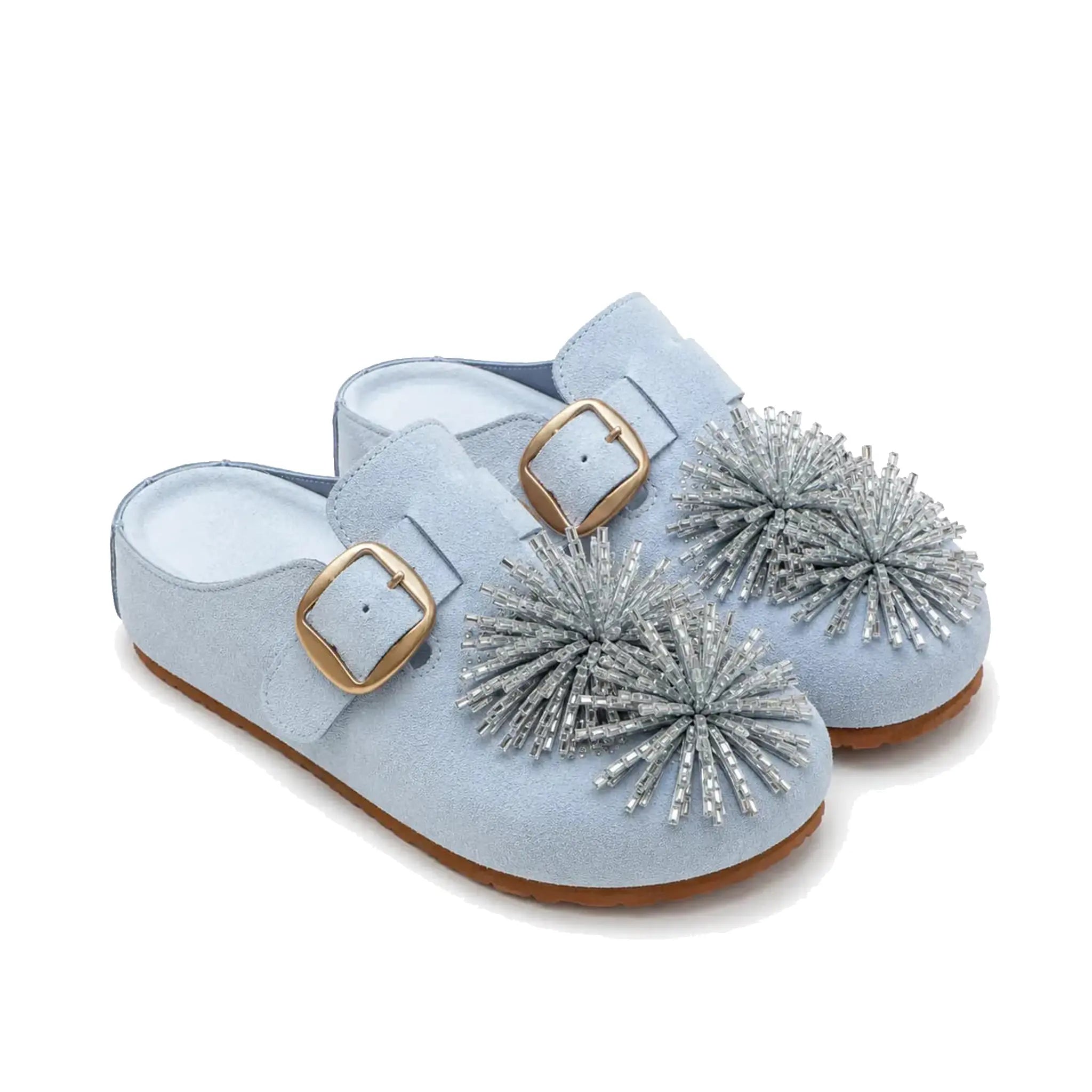 ZQW Crystal Flower Clogs in blue, pair 45-degree view – matching crystal flower platform mules, soft blue vegan suede, perfect for casual daily wear