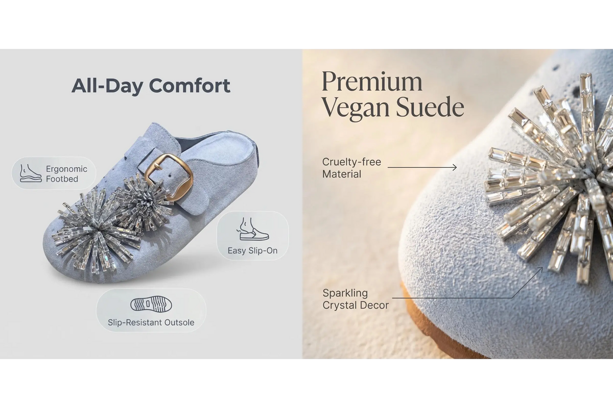 Clog shoe with crystal decoration and feature text on a light gray background