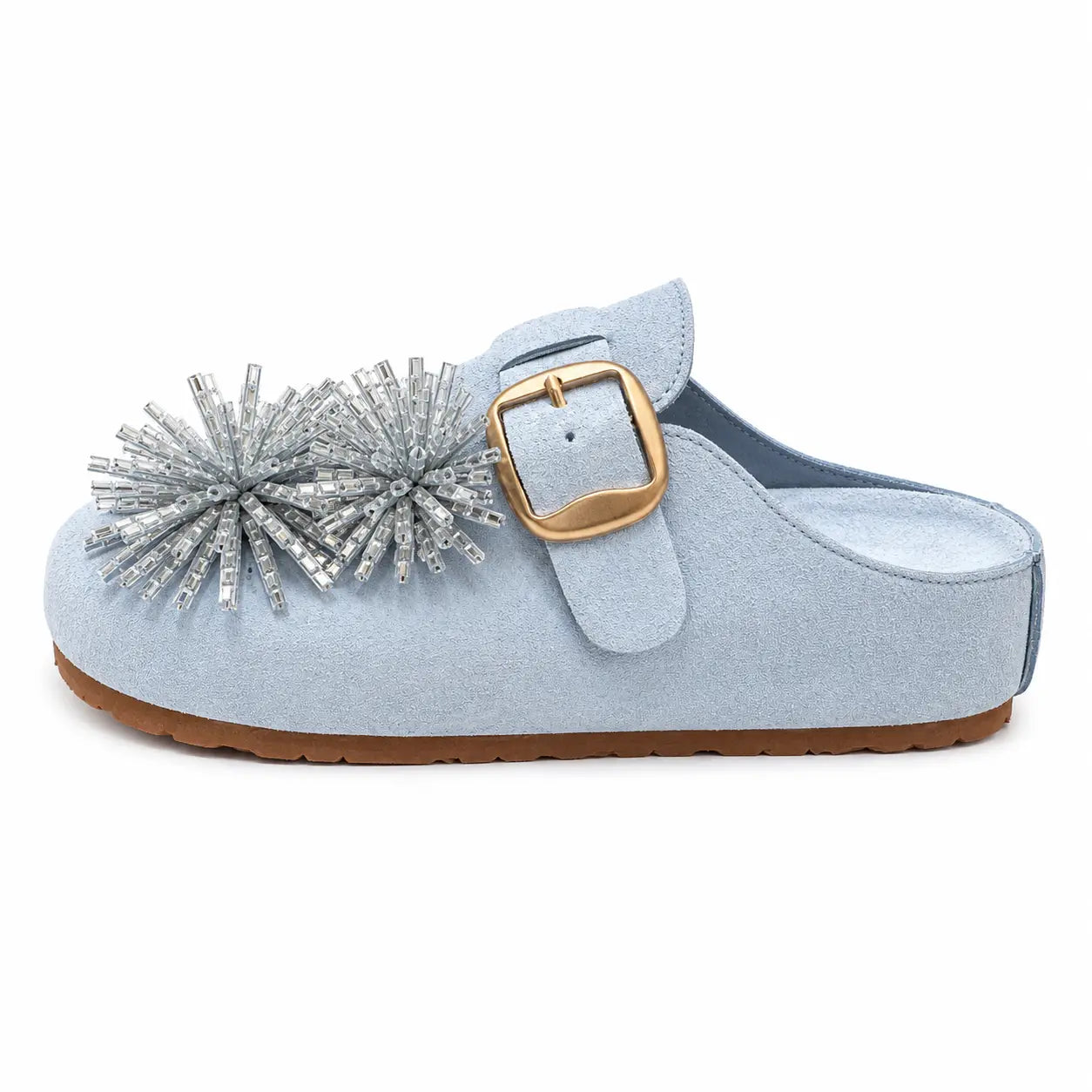 ZQW Crystal Flower Clogs in blue, side view – chunky 6cm platform sole, anti-slip rubber outsole, backless mule design, cushioned insole
