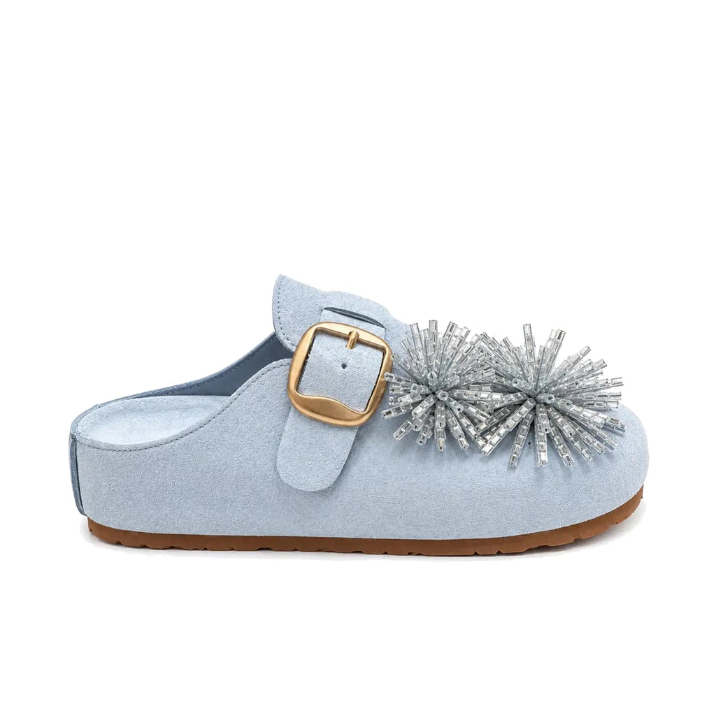 ZQW Crystal Flower Clogs in blue, side view – chunky 6cm platform sole, anti-slip rubber outsole, backless mule design, cushioned insole