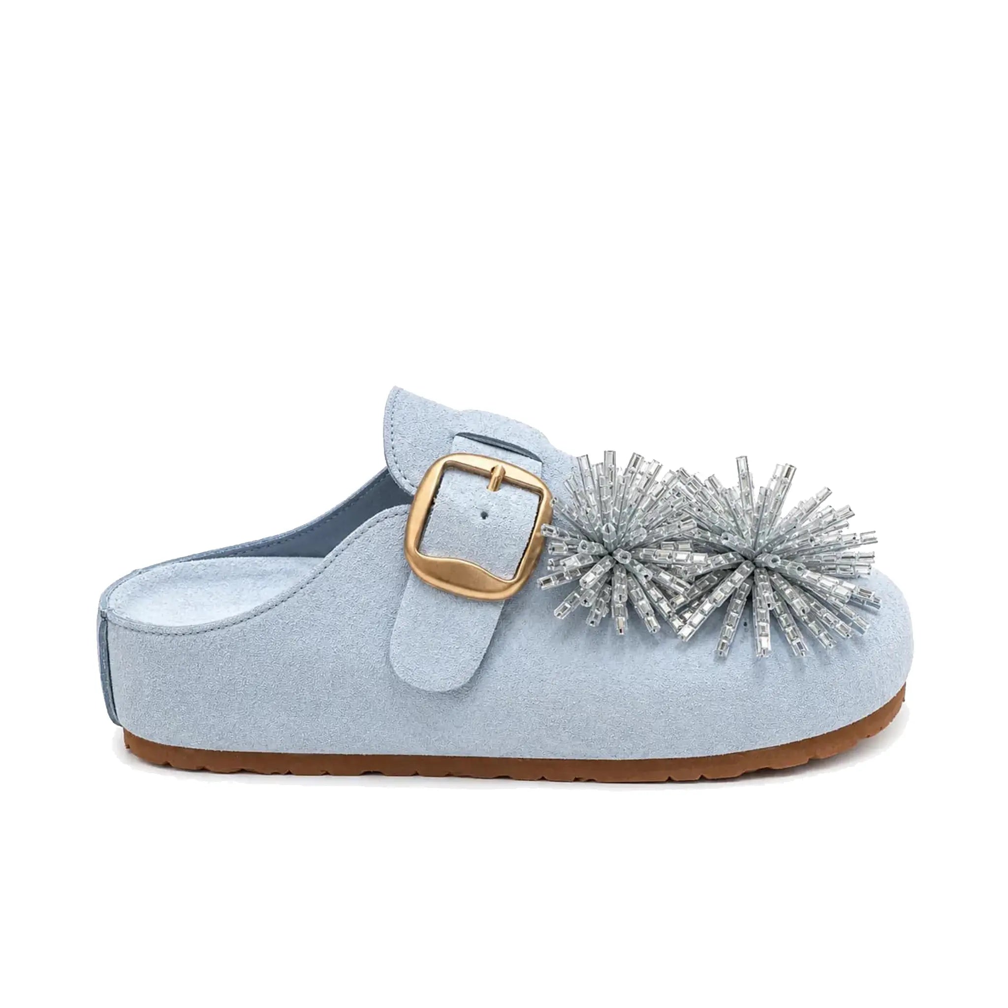 ZQW Crystal Flower Clogs in blue, side view – chunky 6cm platform sole, anti-slip rubber outsole, backless mule design, cushioned insole
