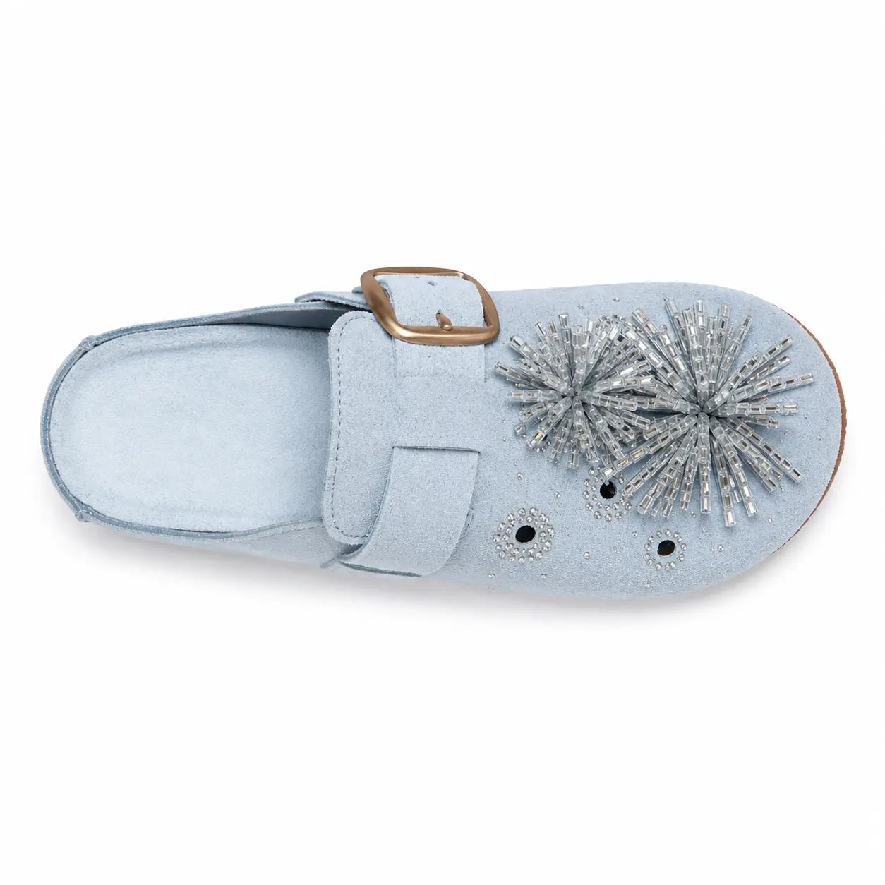 ZQW Crystal Flower Clogs in blue, top view – delicate crystal flower accent, plush vegan suede upper, round toe, wide-foot friendly silhouette
