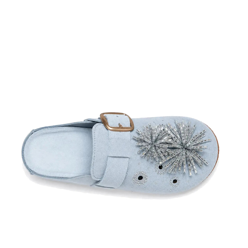 ZQW Crystal Flower Clogs in blue, top view – delicate crystal flower accent, plush vegan suede upper, round toe, wide-foot friendly silhouette