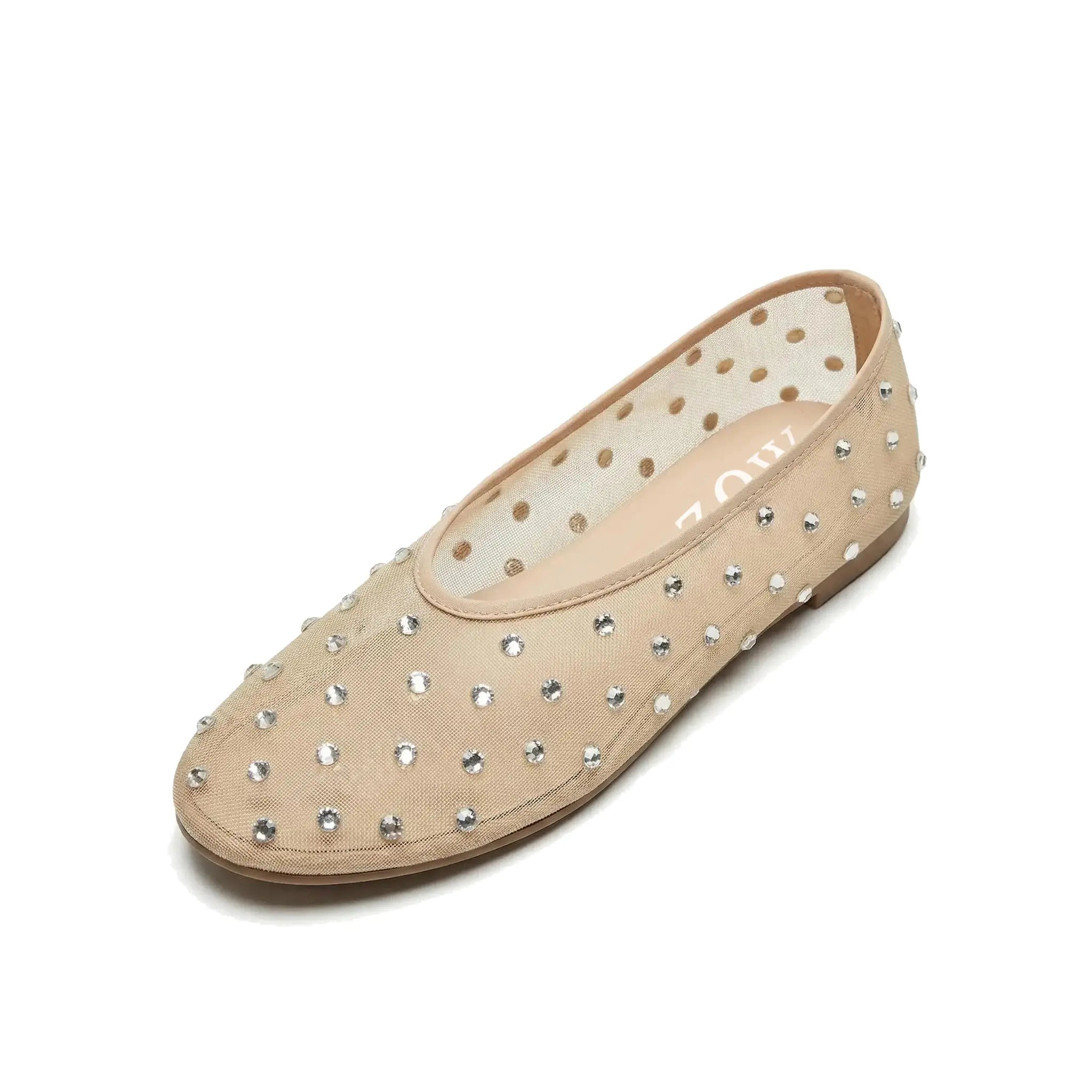ZQW Crystal Mesh Flats in beige, 45-degree angle view – soft beige mesh with rhinestone embellishment, round toe, slip-on ballet flat, cushioned insole