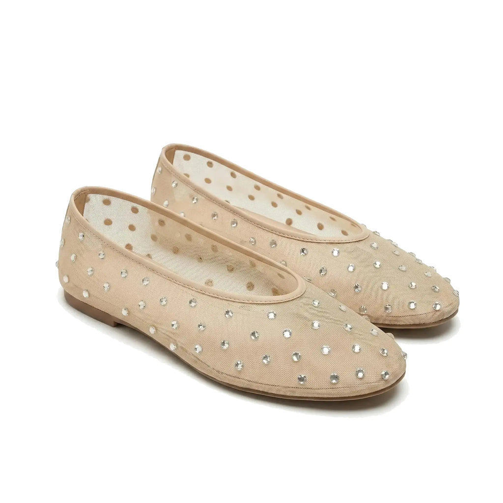 ZQW Crystal Mesh Flats in beige, pair 45-degree view – matching beige sparkly mesh ballerinas, round toe, perfect for parties or date nights