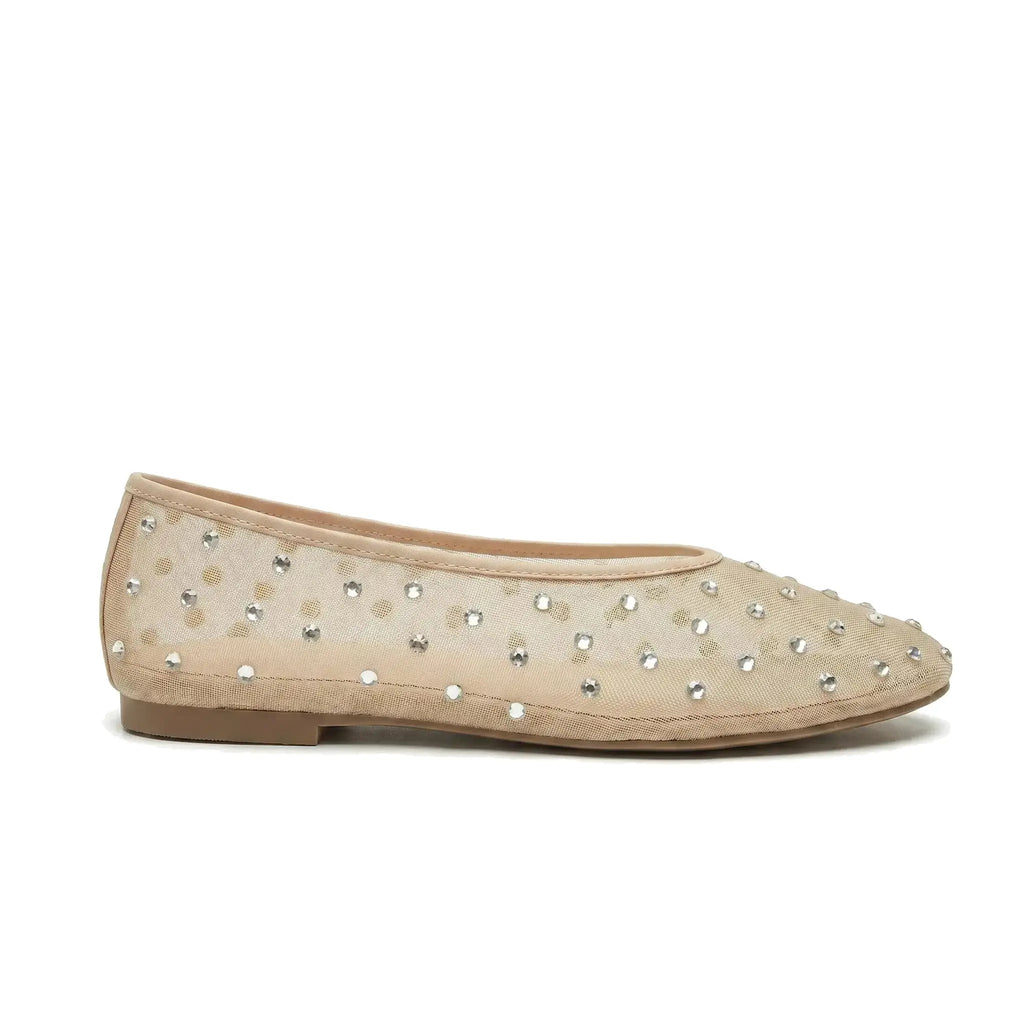 ZQW Crystal Mesh Flats in beige, side view – low 0.7cm heel, anti-slip rubber outsole, sheer rhinestone mesh, slip-on style