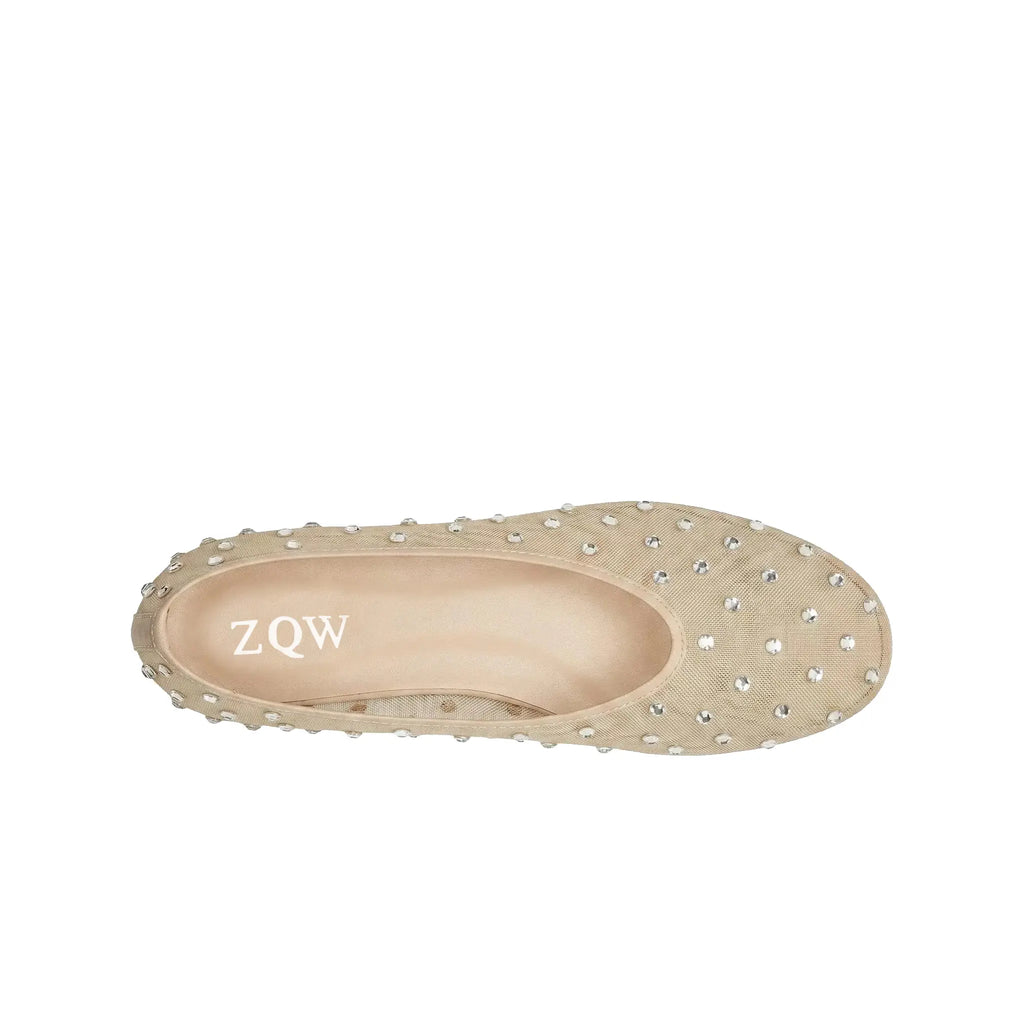ZQW Crystal Mesh Flats in beige, top view – sparkling crystal mesh upper in warm beige tone, round toe silhouette, soft stretchy material, wide-foot friendly