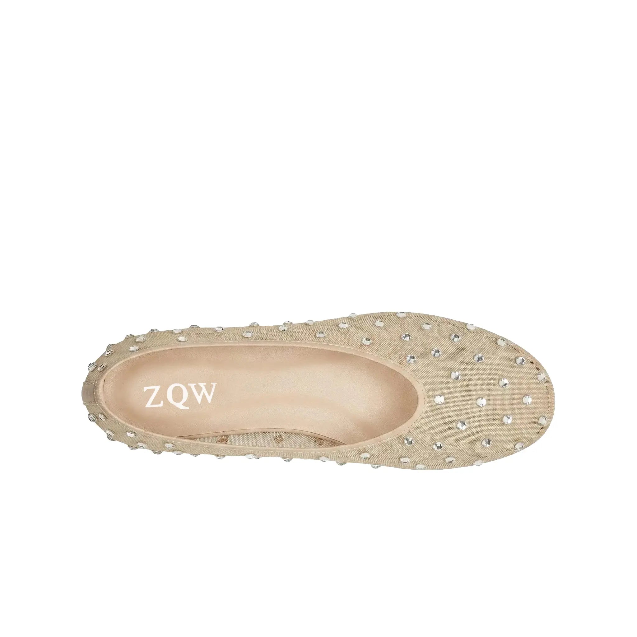 ZQW Crystal Mesh Flats in beige, top view – sparkling crystal mesh upper in warm beige tone, round toe silhouette, soft stretchy material, wide-foot friendly