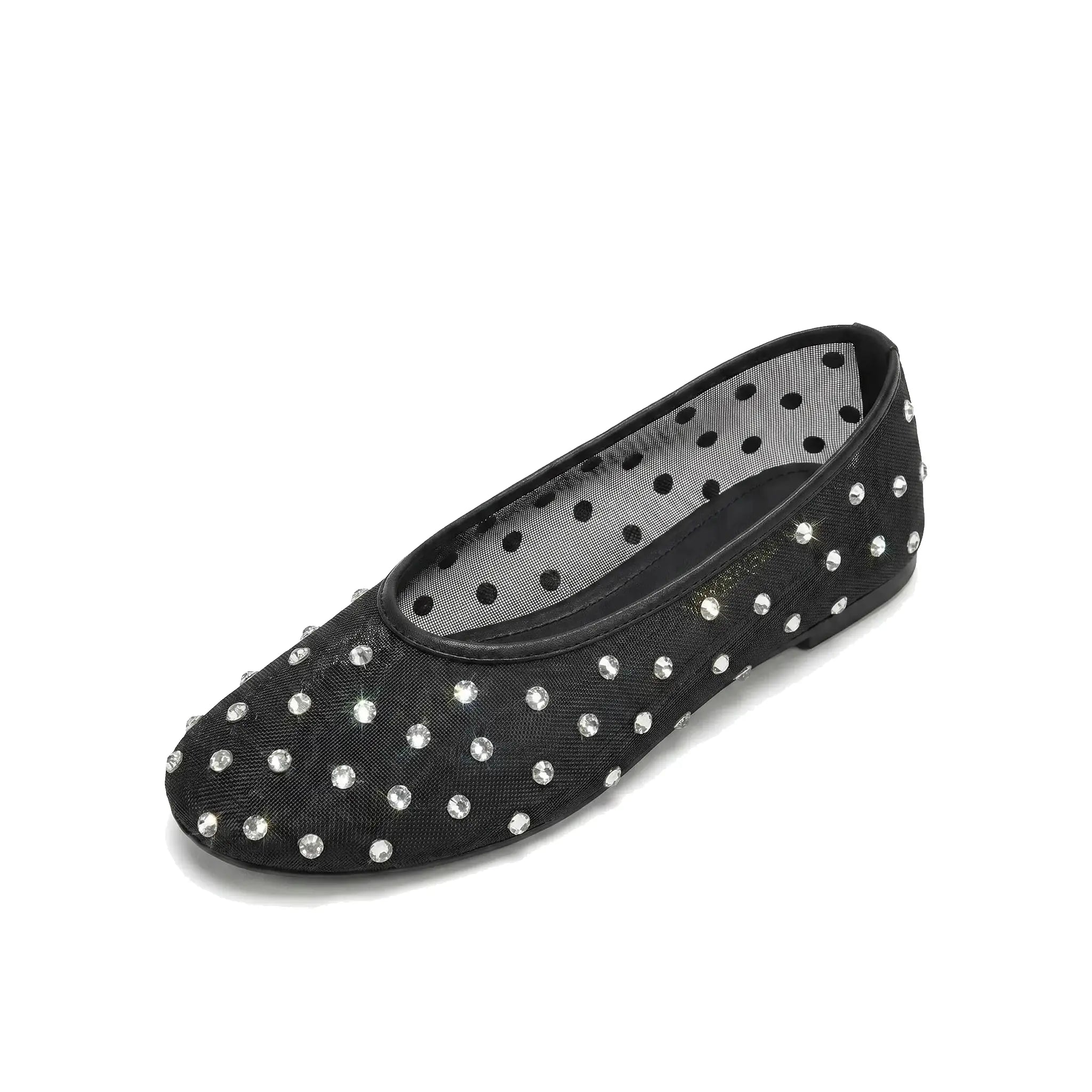 ZQW Crystal Mesh Flats in black, 45-degree angle view – sheer black mesh with rhinestone embellishment, round toe, slip-on ballet flat, cushioned insole