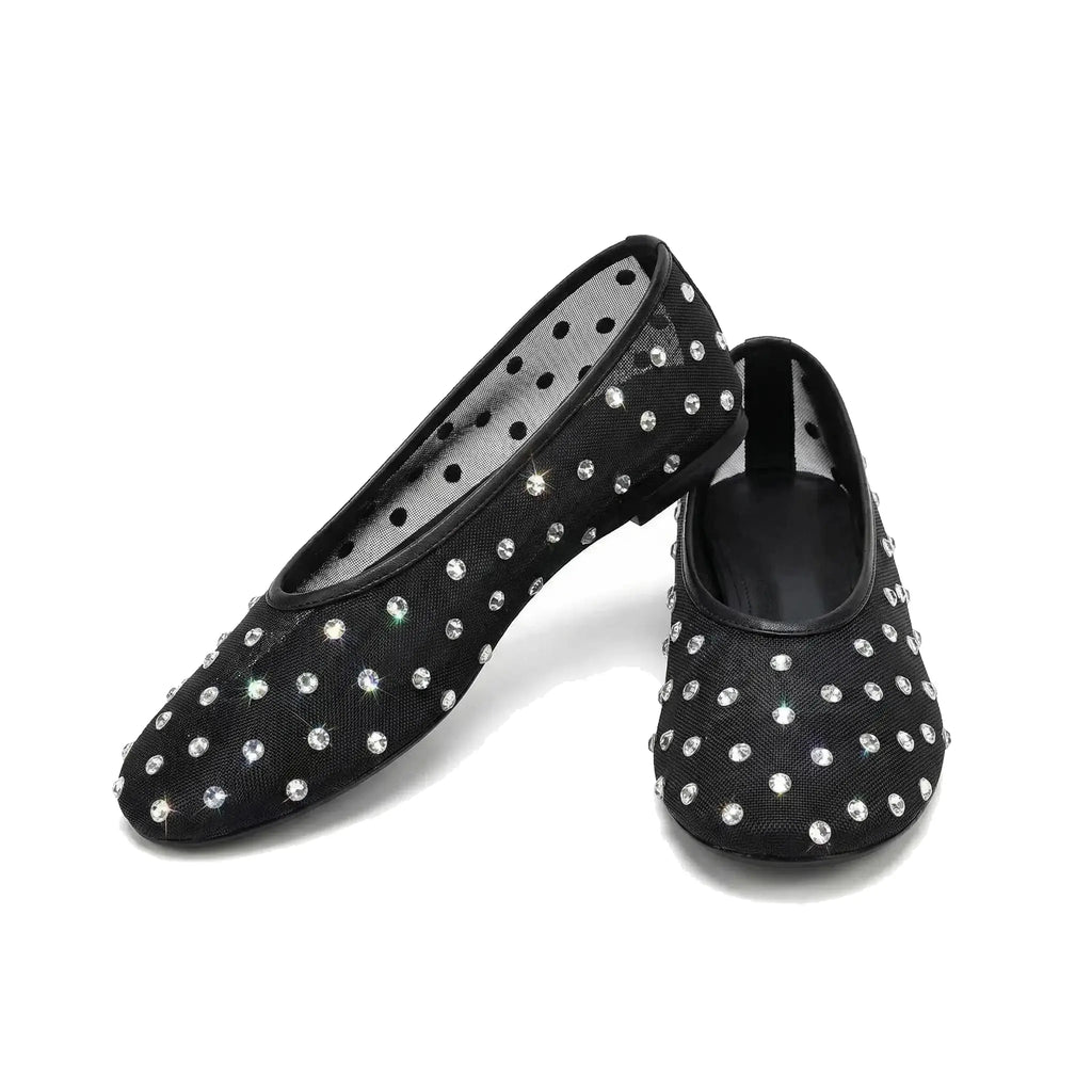 ZQW Crystal Mesh Flats in black, pair 45-degree view – matching sparkly mesh ballerinas, round toe, perfect for parties or date nights