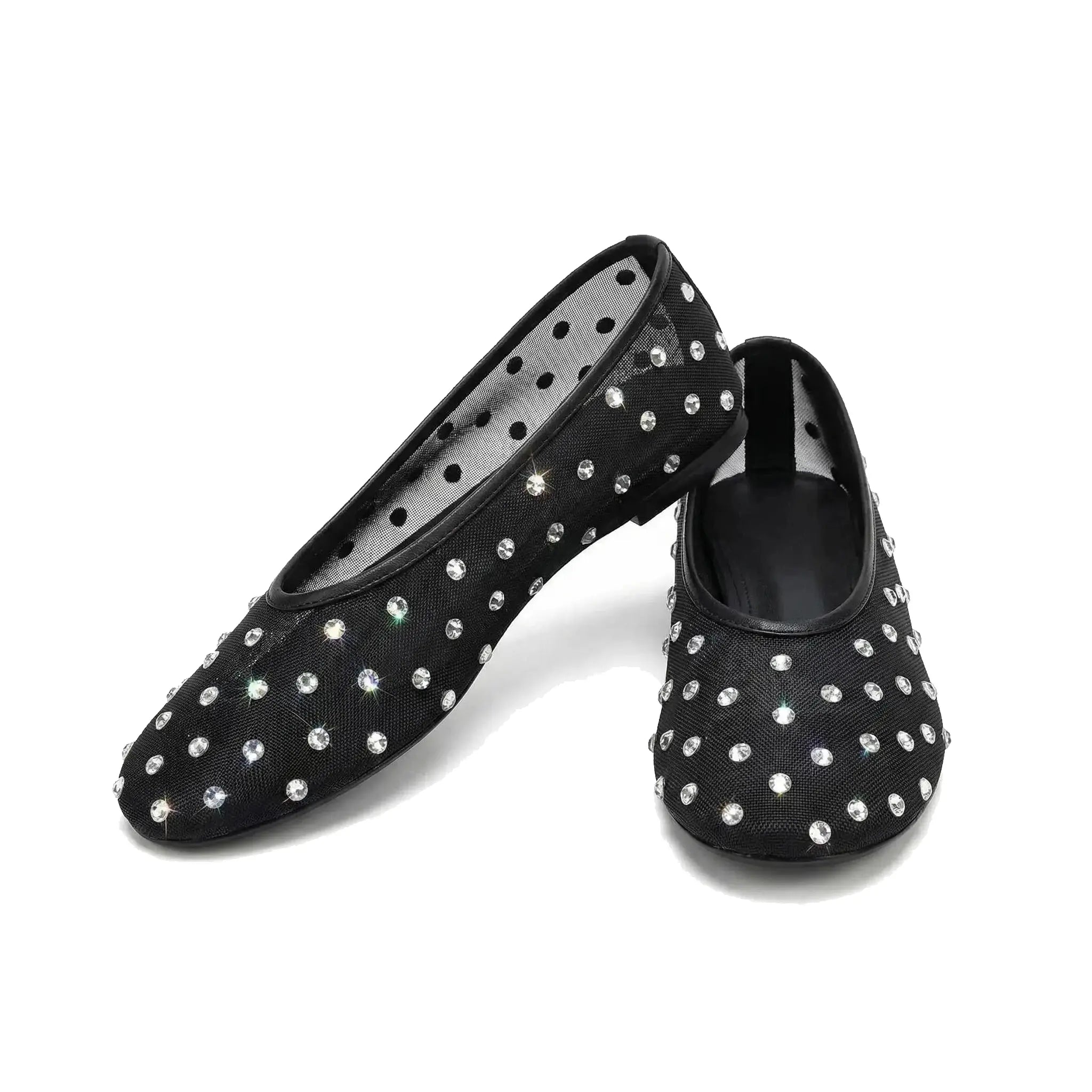 ZQW Crystal Mesh Flats in black, pair 45-degree view – matching sparkly mesh ballerinas, round toe, perfect for parties or date nights