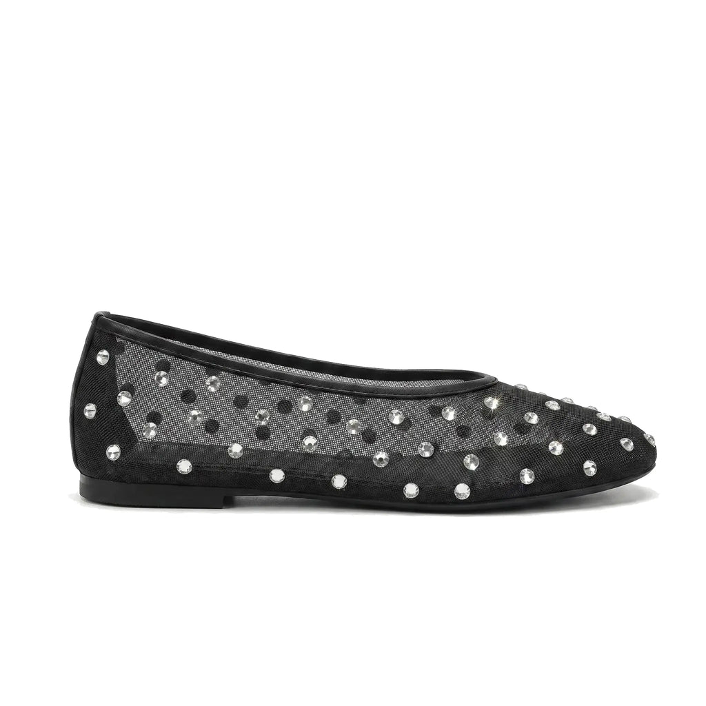 ZQW Crystal Mesh Flats in black, side view – low 0.7cm heel, anti-slip rubber outsole, sheer rhinestone mesh, slip-on style