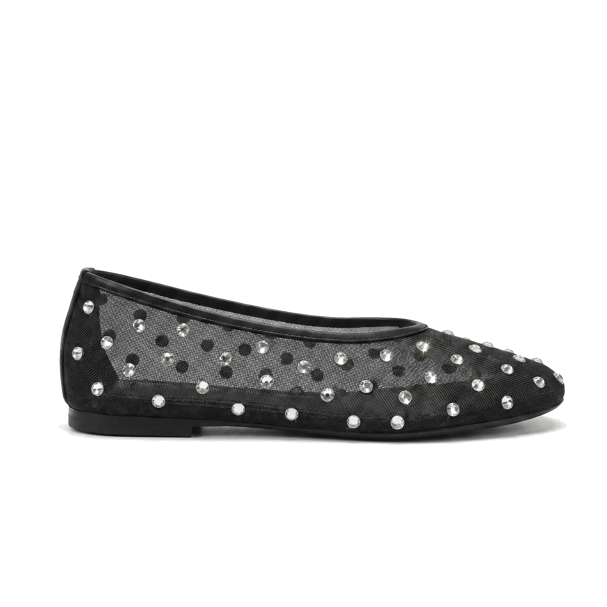 ZQW Crystal Mesh Flats in black, side view – low 0.7cm heel, anti-slip rubber outsole, sheer rhinestone mesh, slip-on style