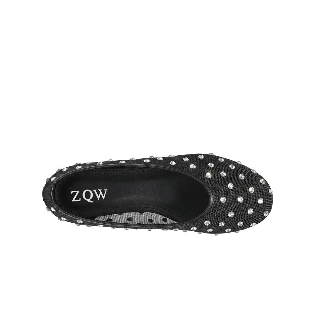 ZQW Crystal Mesh Flats in black, top view – sparkling crystal mesh upper, round toe silhouette, soft stretchy material, wide-foot friendly