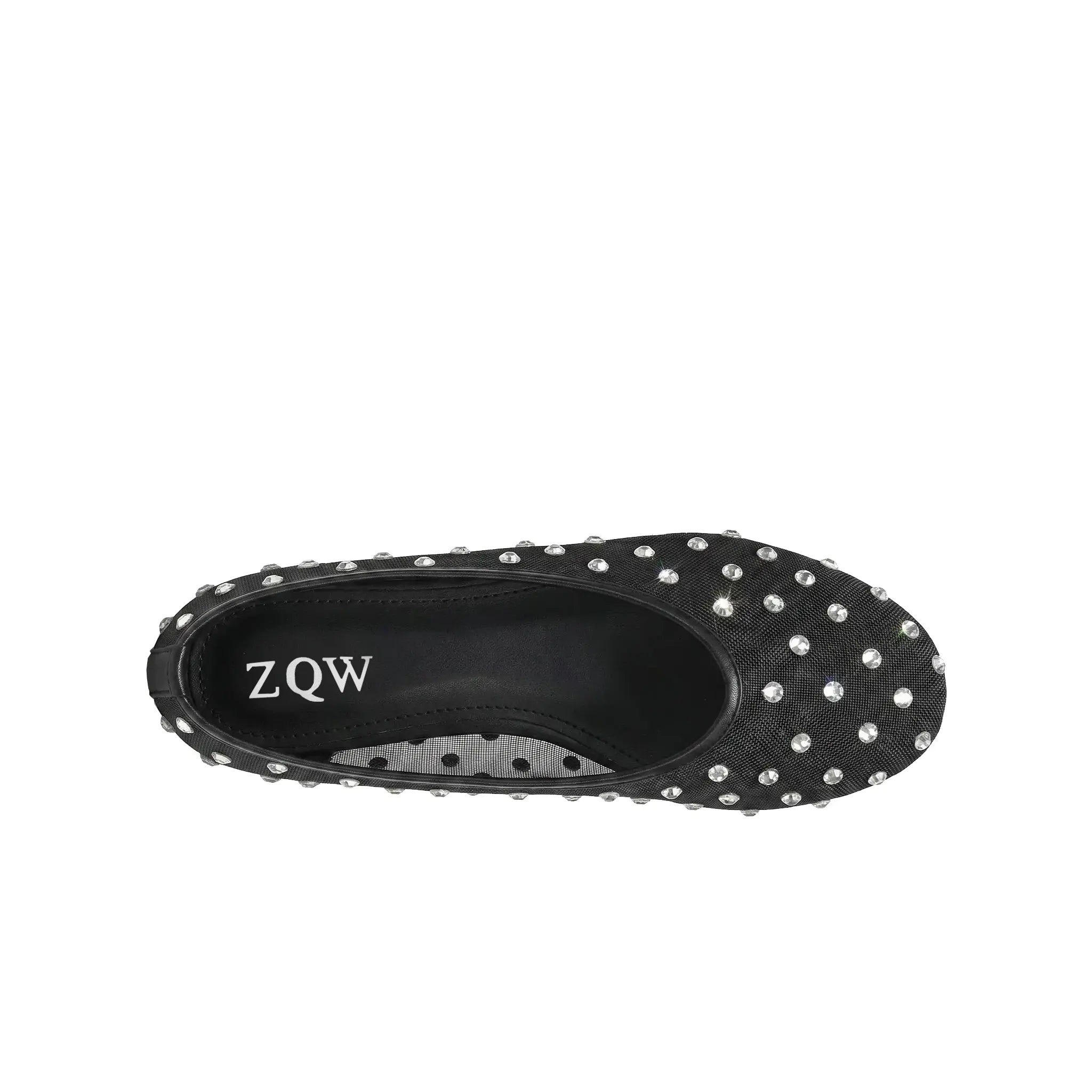 ZQW Crystal Mesh Flats in black, top view – sparkling crystal mesh upper, round toe silhouette, soft stretchy material, wide-foot friendly