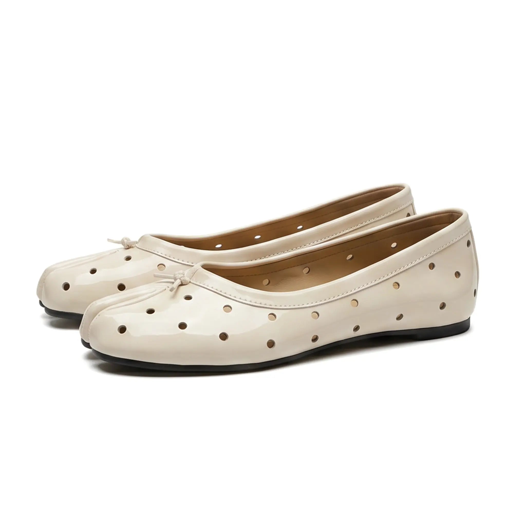 ZQW Cutout Polka Dot Tabi Flats in white, pair 45-degree view – matching split-toe flats with playful polka dot perforations, perfect for summer